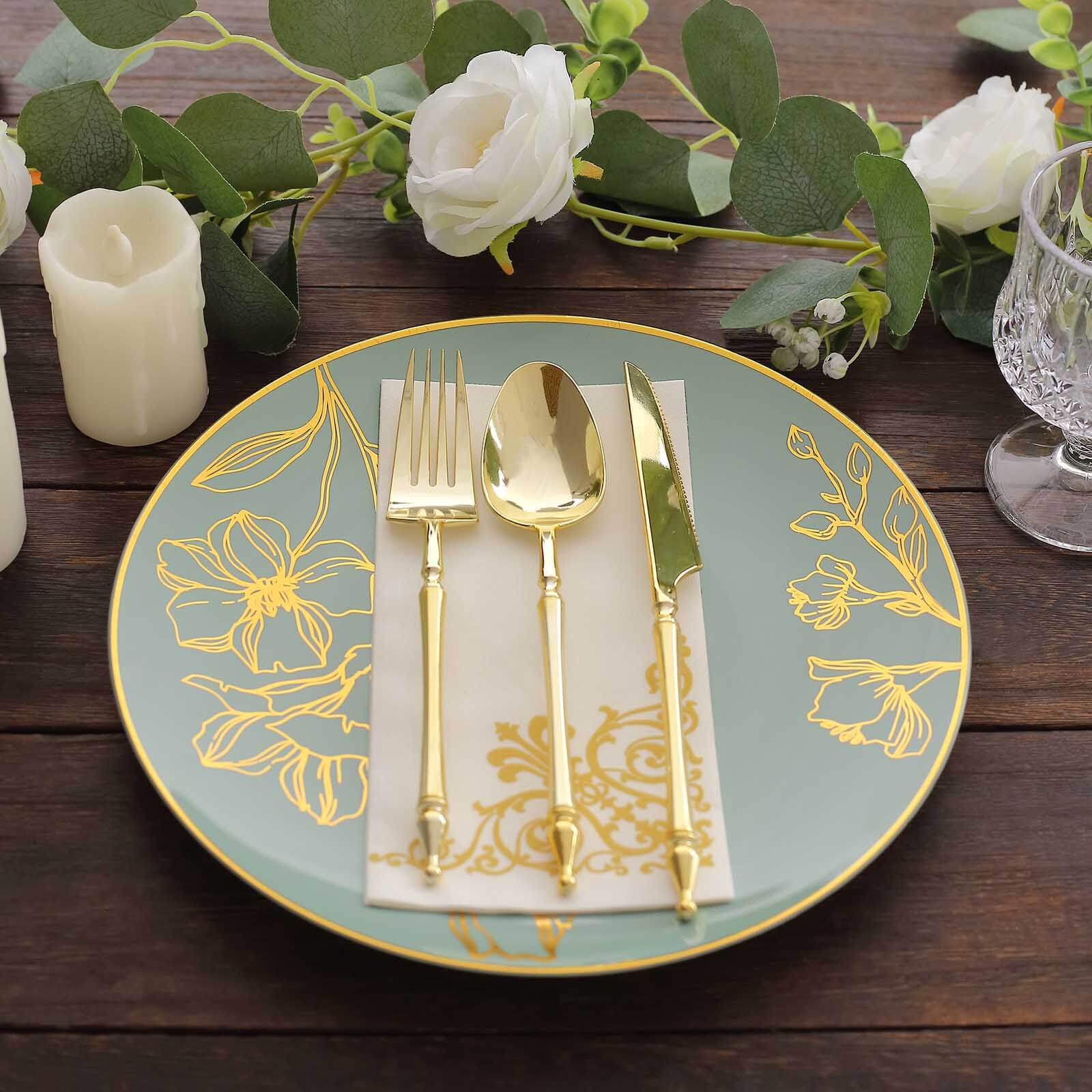 Set of 20 Plastic Round Dinner and Dessert Plates in Dusty Sage Green with Metallic Gold Floral Design - Stylish Disposable Dinnerware 8", 10"