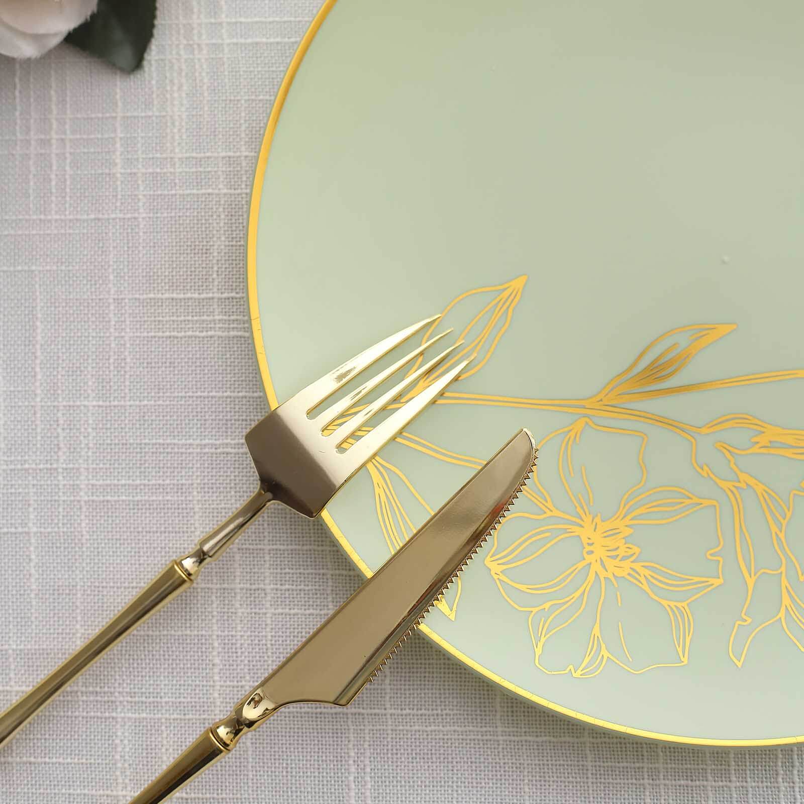 Set of 20 Plastic Round Dinner and Dessert Plates in Sage Green with Metallic Gold Floral Design - Stylish Disposable Dinnerware 8", 10"