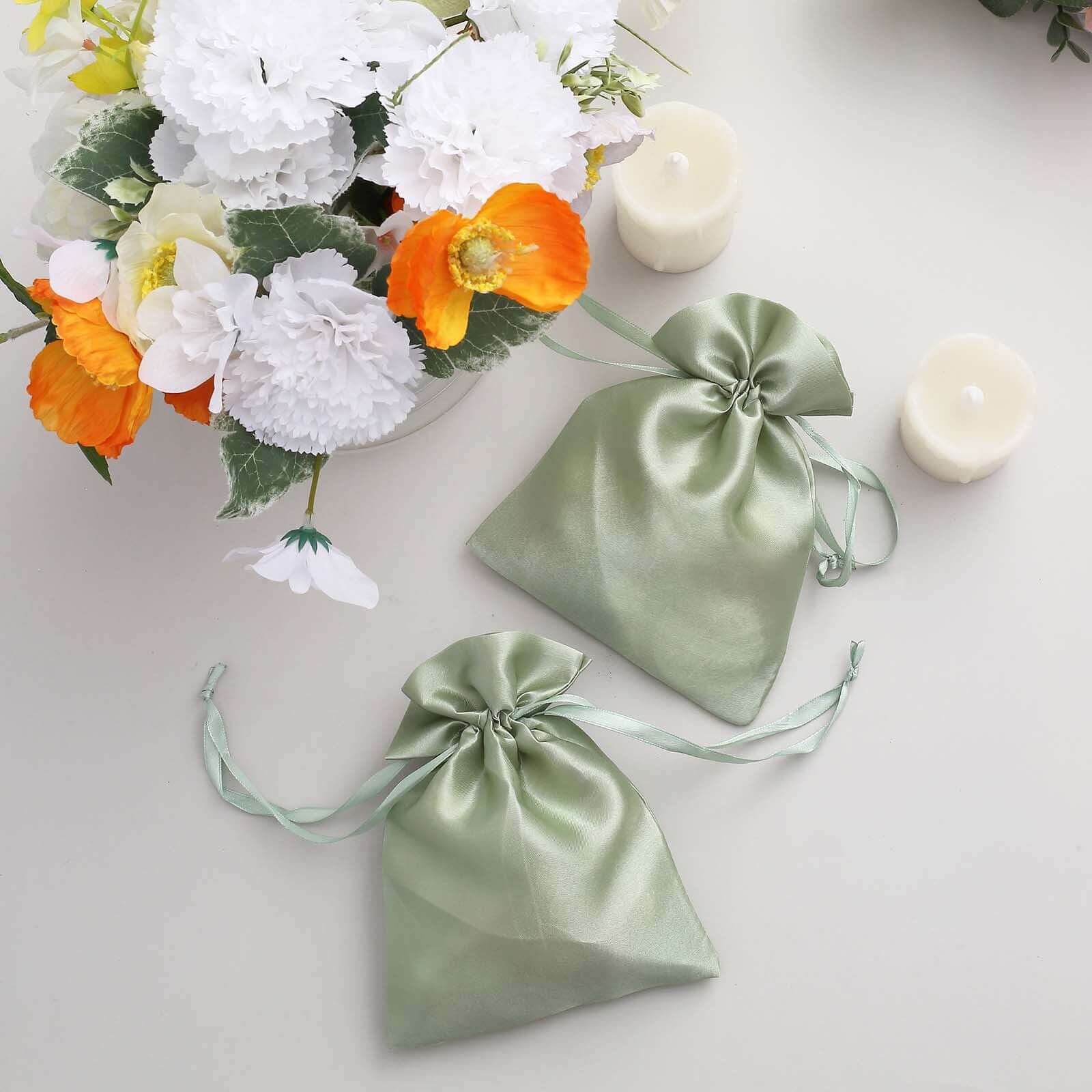 12 Pack 5"x7" Sage Green Satin Drawstring Wedding Party Favor Gift Bags, Drawstring Pouch Gift Bags