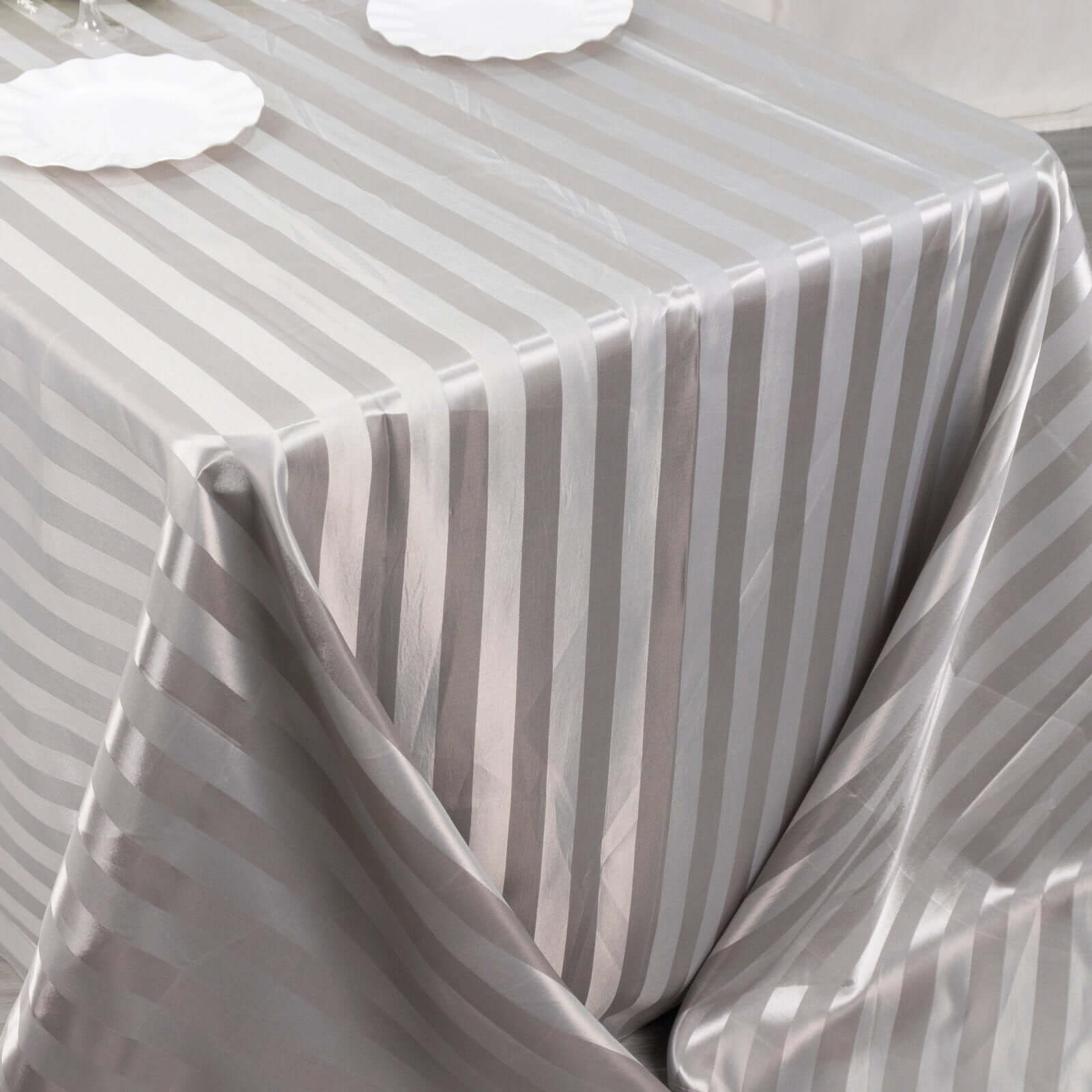 Satin Striped 90"x132" Rectangular Tablecloth Silver Satin Stripe - Seamless Silky Smooth Table Cover