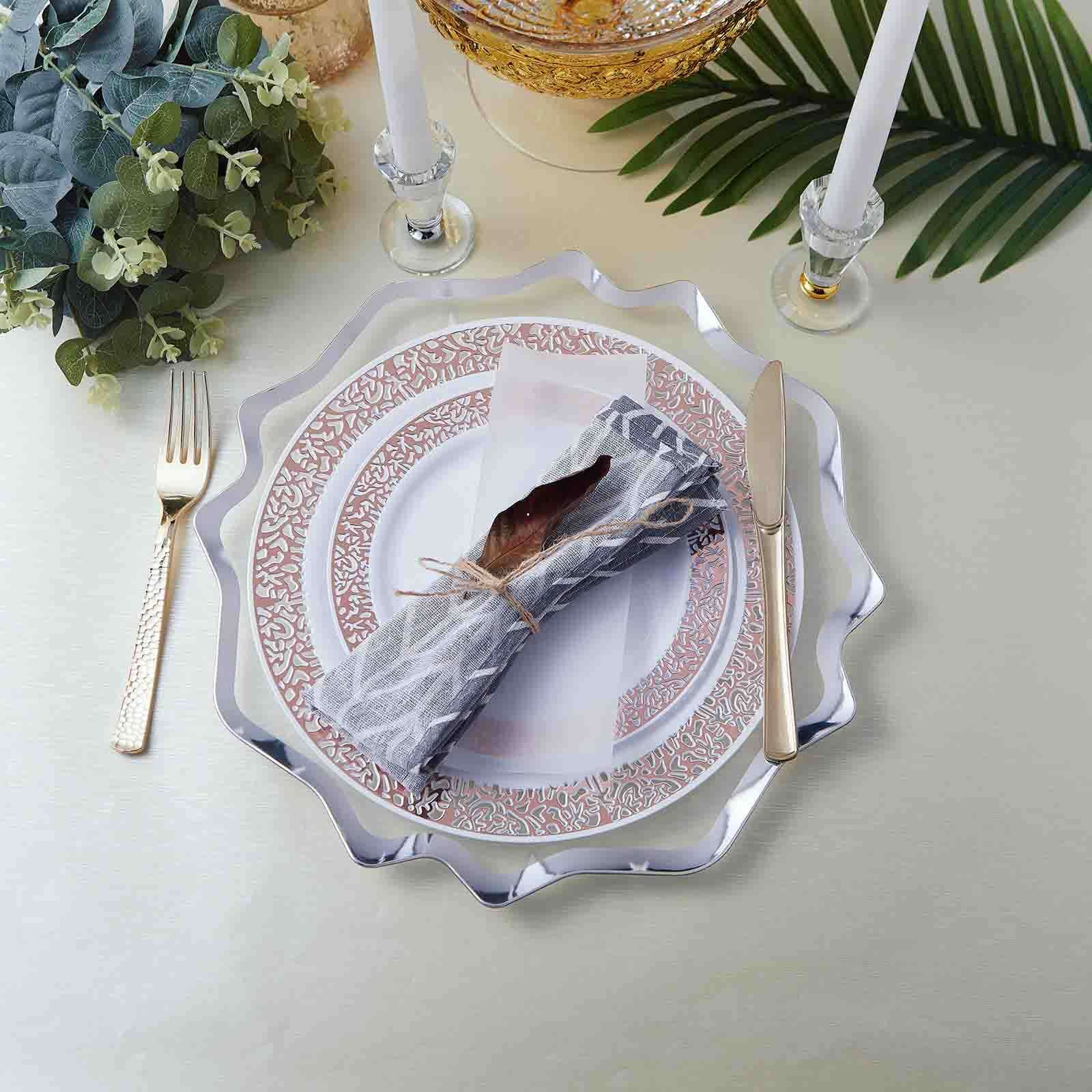 6-Pack Acrylic Plastic Round Charger Plates 13" in Clear with Silver Scalloped Edge, Exquisite Dinner Serving Plates