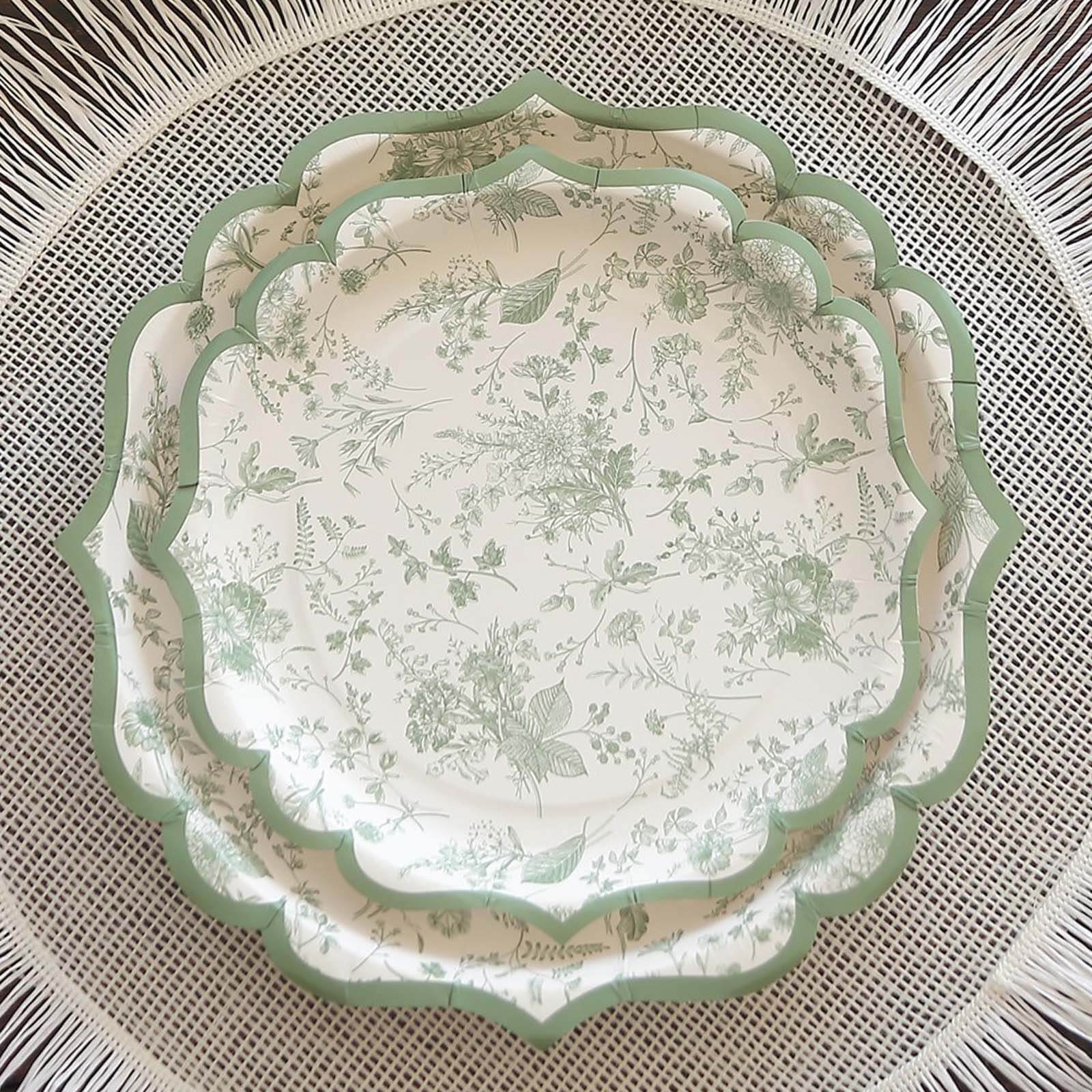 25-Pack Paper 10" Round Dinner Plates in White with Sage Green French Toile Design & Scalloped Rim - Disposable 300GSM Party Plates for Classy Events & Special Occasions