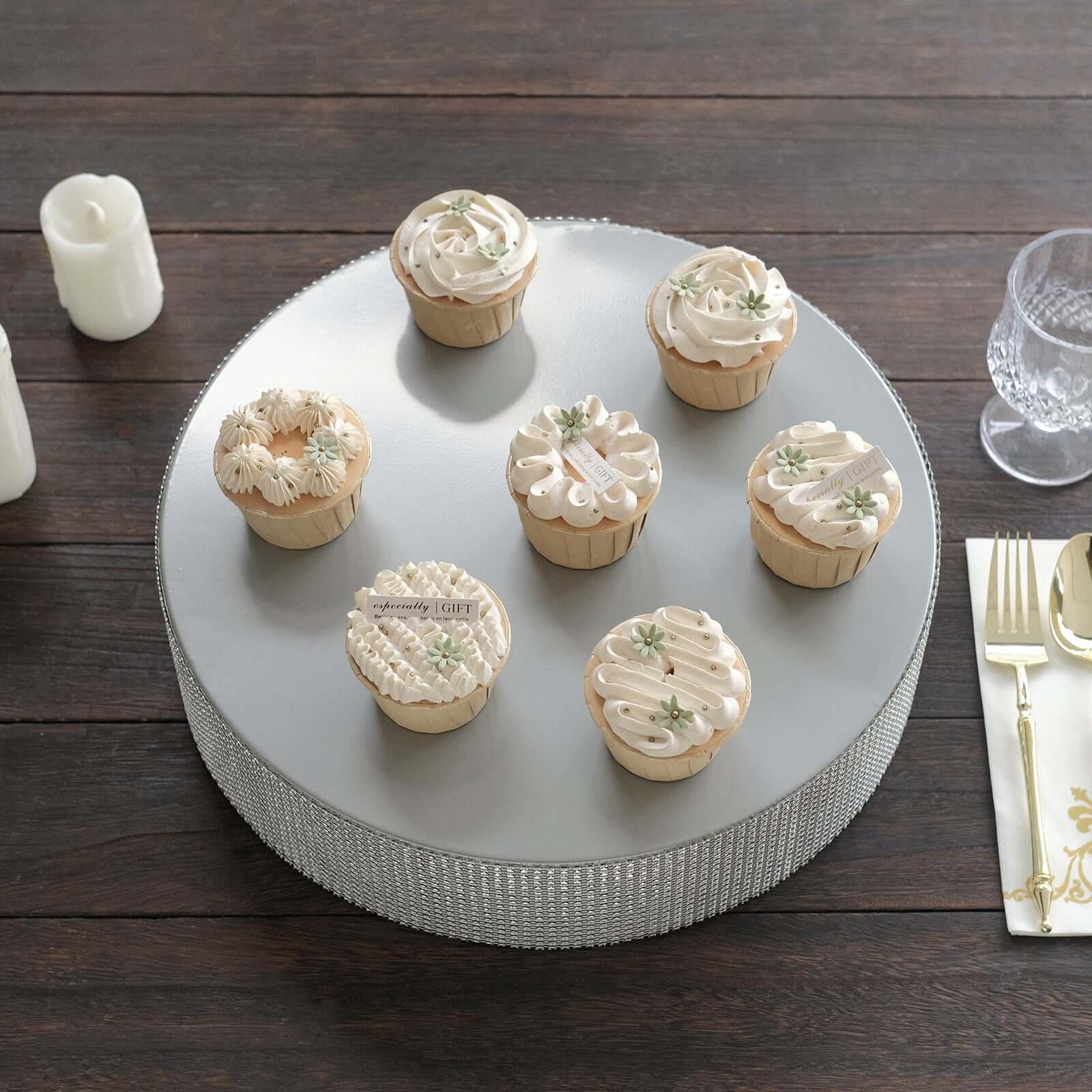 Metal Pedestal Cake Stand Round Design with Rhinestones Silver - Cupcake Holder and Dessert Table Centerpiece 14"