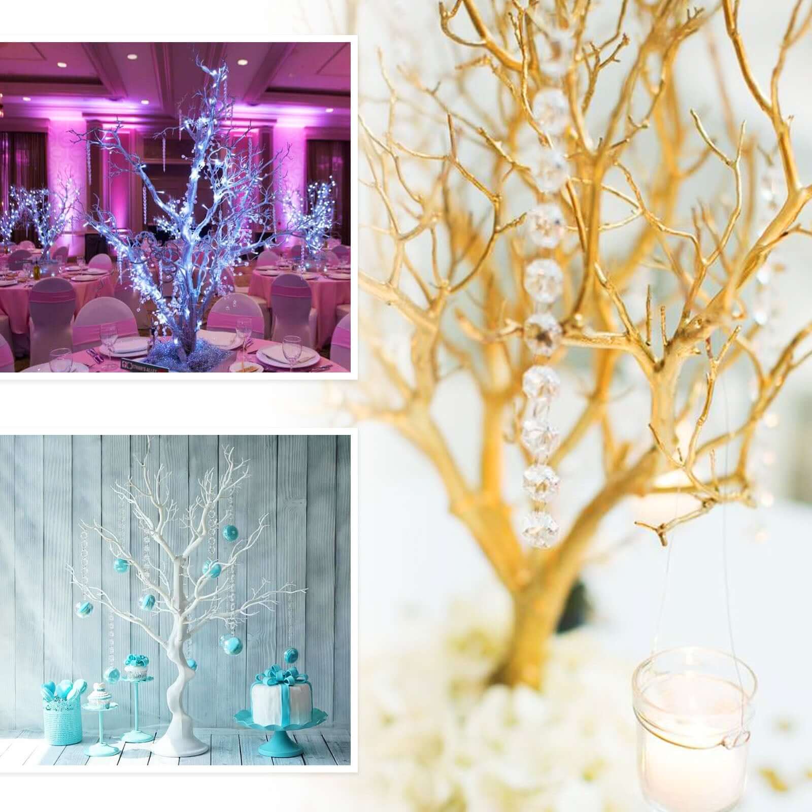 Manzanita Tree Centerpiece Metallic SIlver with 8 Acrylic Bead Chains - Easy Assembly Decorative Artificial Tree for Modern Weddings Parties & Event Displays 34"