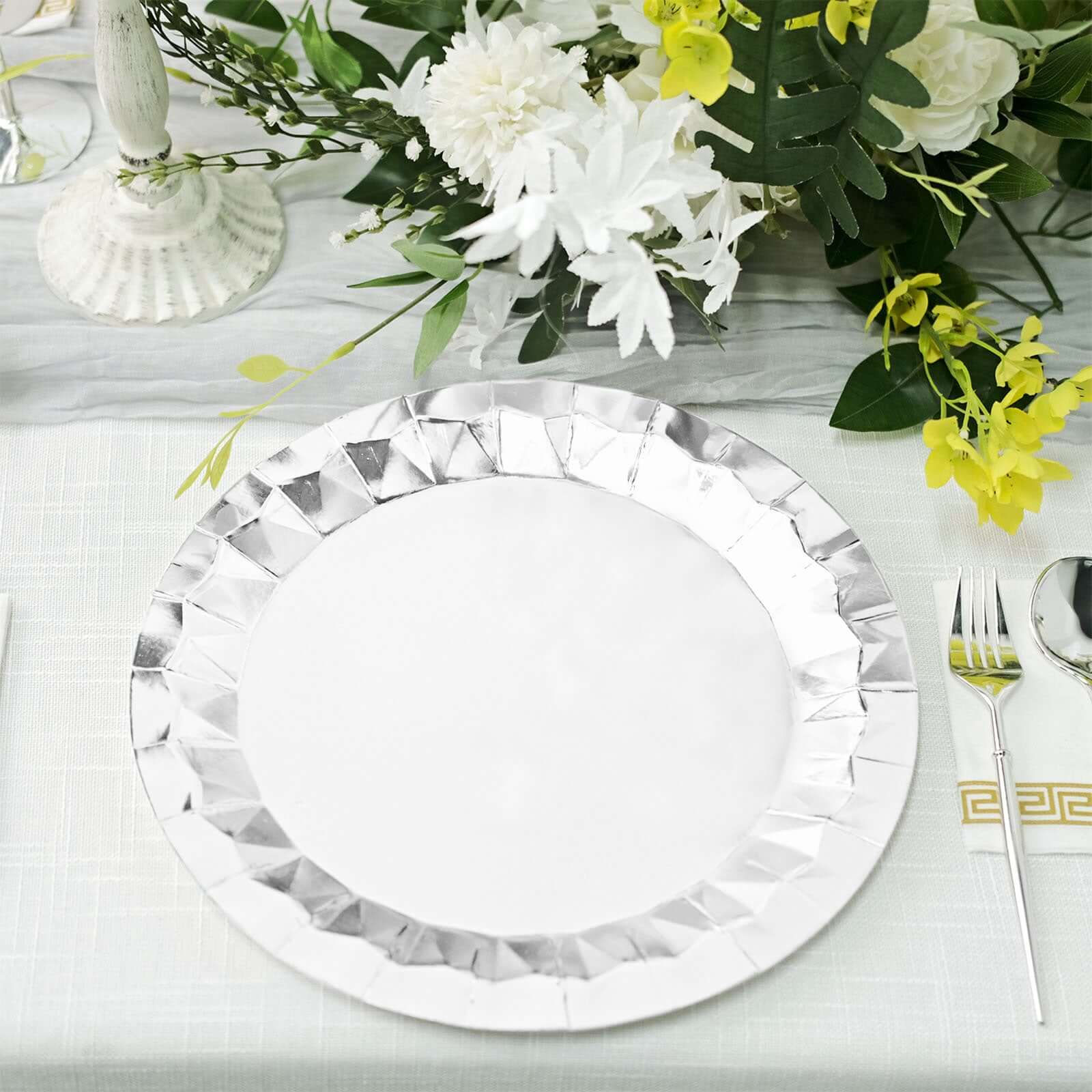 25-Pack Paper 12" Round Charger Plates in Metallic Silver with Geometric Prism Design - Disposable 400GSM Serving Trays