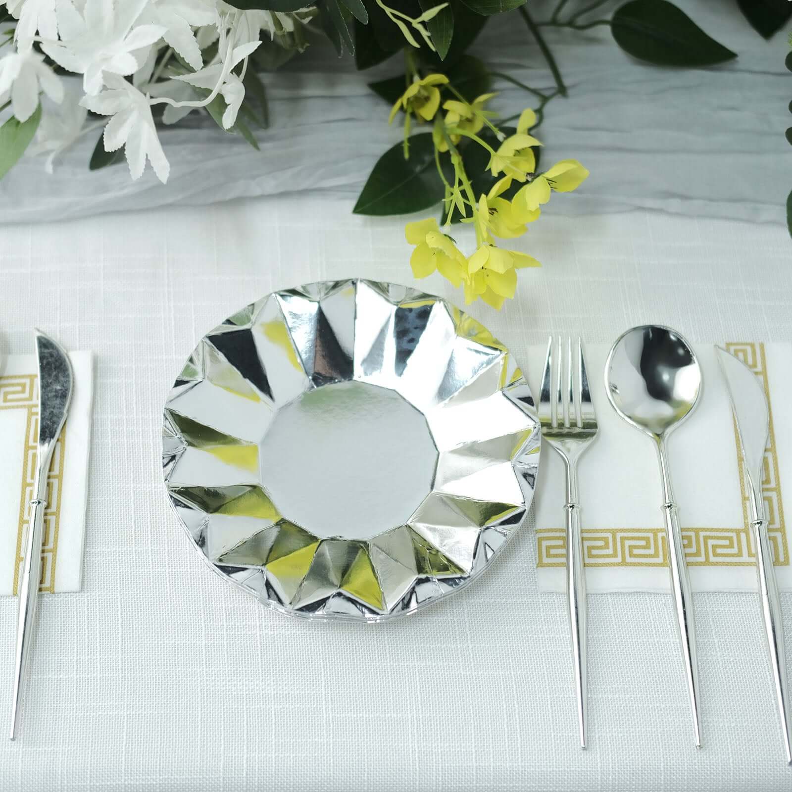 25-Pack Paper 7" Round Dessert Plates in Metallic Silver with Geometric Prism Rim - Disposable 400GSM Appetizer Salad Plates