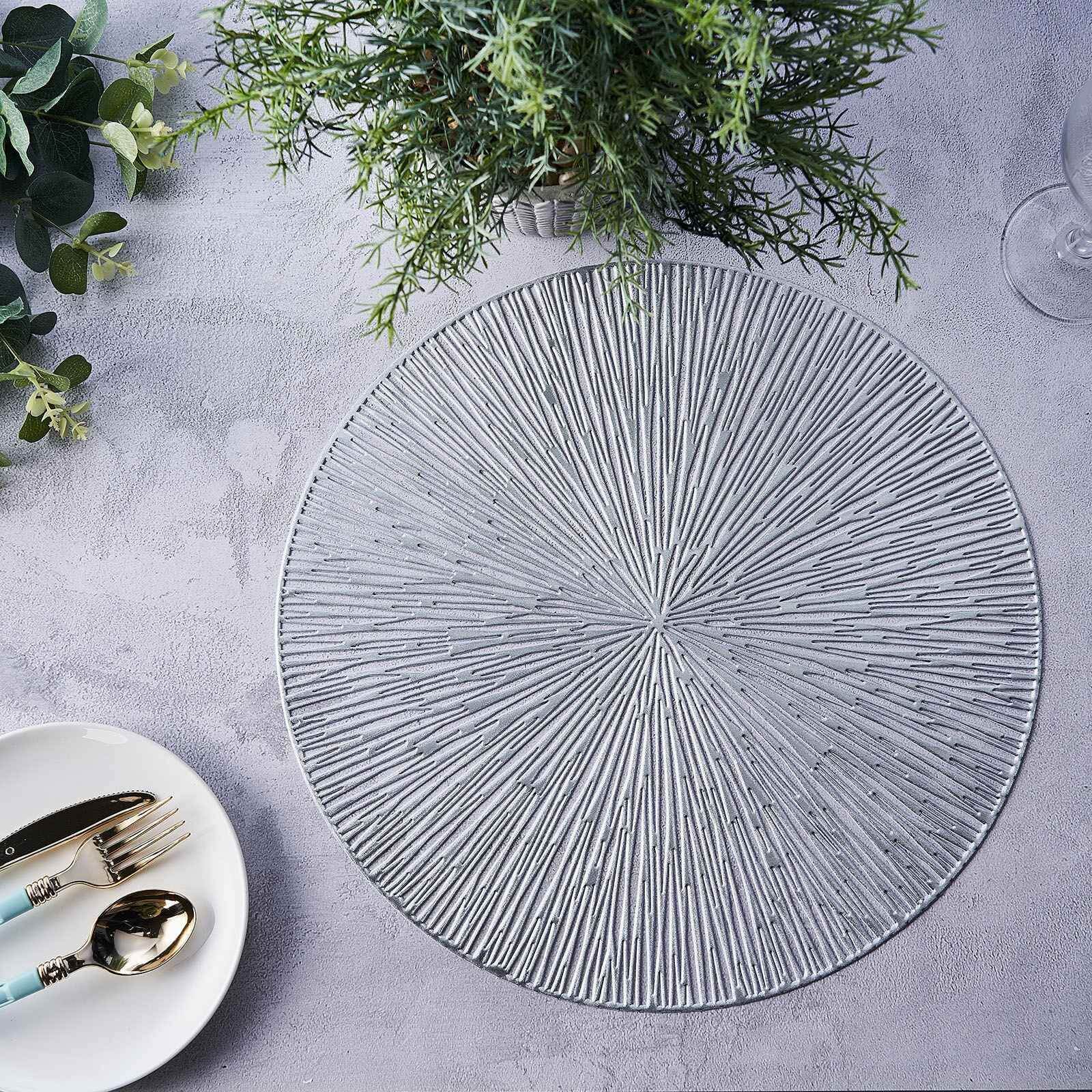 6-Pack Dining Table Mats Spiked Design Silver - Vinyl Non-Slip Surface with Modern Appeal 15"