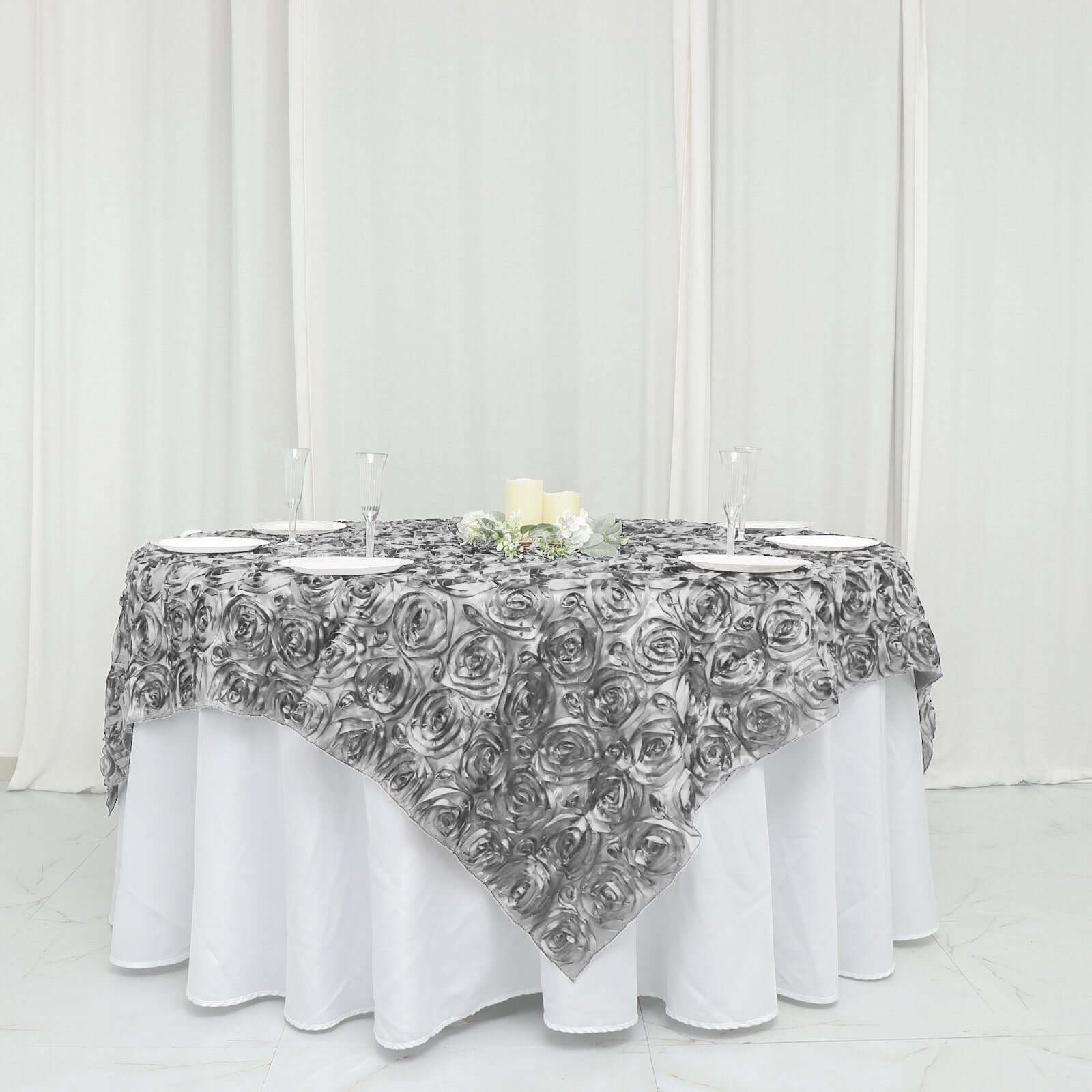 Satin 72"x72" Table Overlay Square Tablecloth Silver - 3D Rosette Table Cover