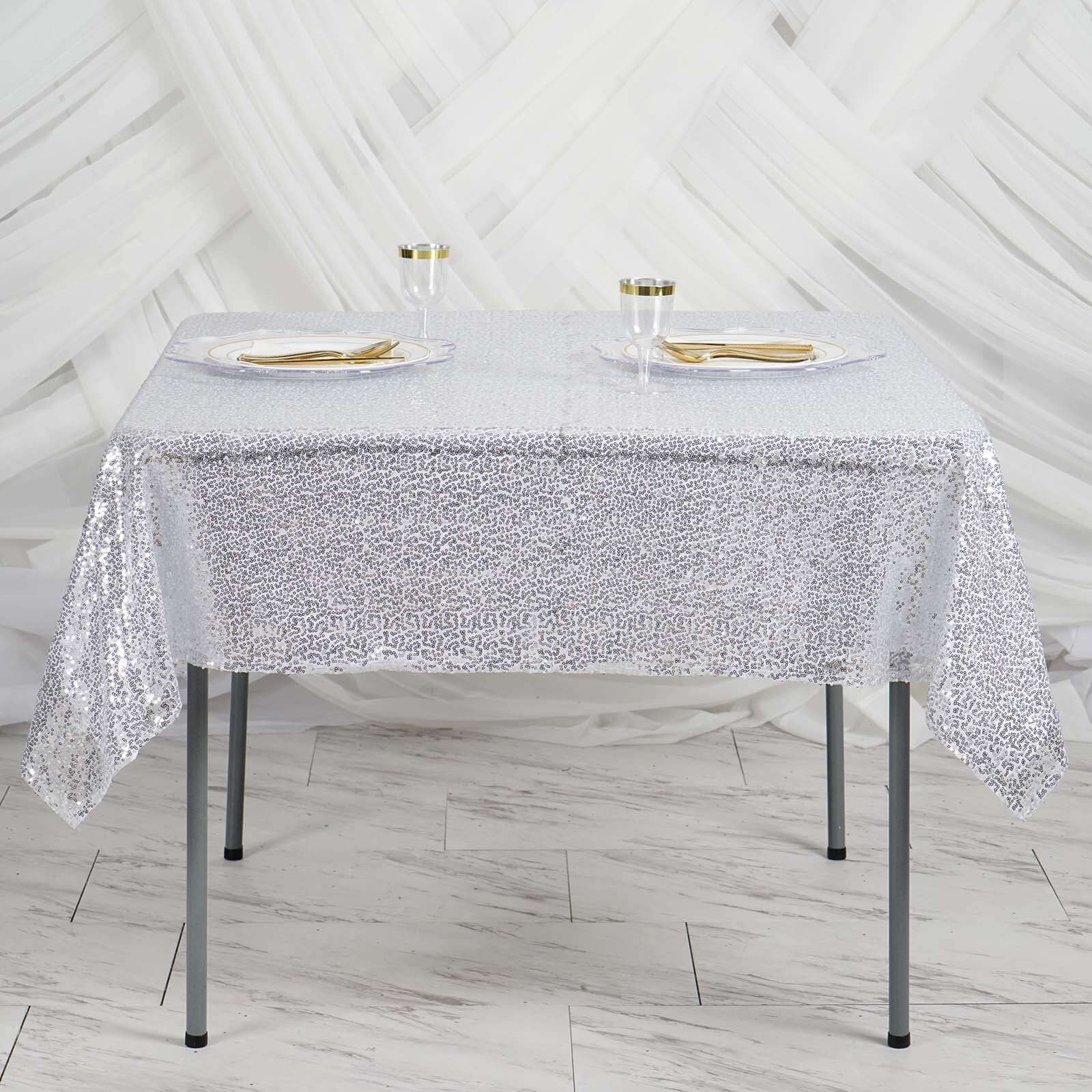 Sequin 60"x60" Table Overlay Square Tablecloth Silver - Luxe Wedding Table Topper