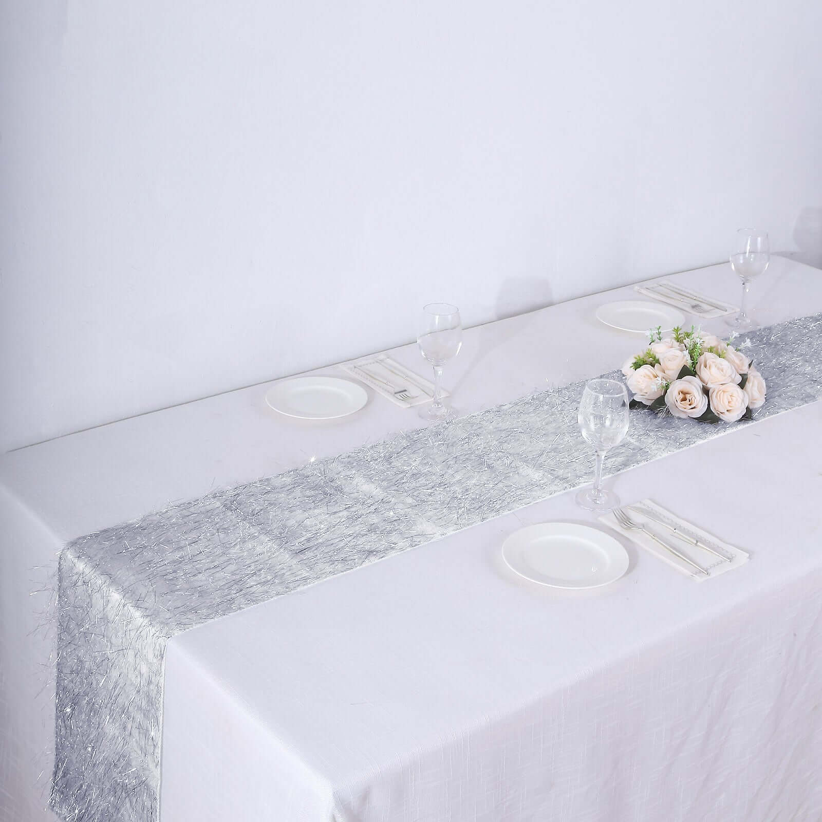 Metallic Tinsel Polyester 12"x108" Table Runner Silver - Shimmery Fringe Shag Table Decor