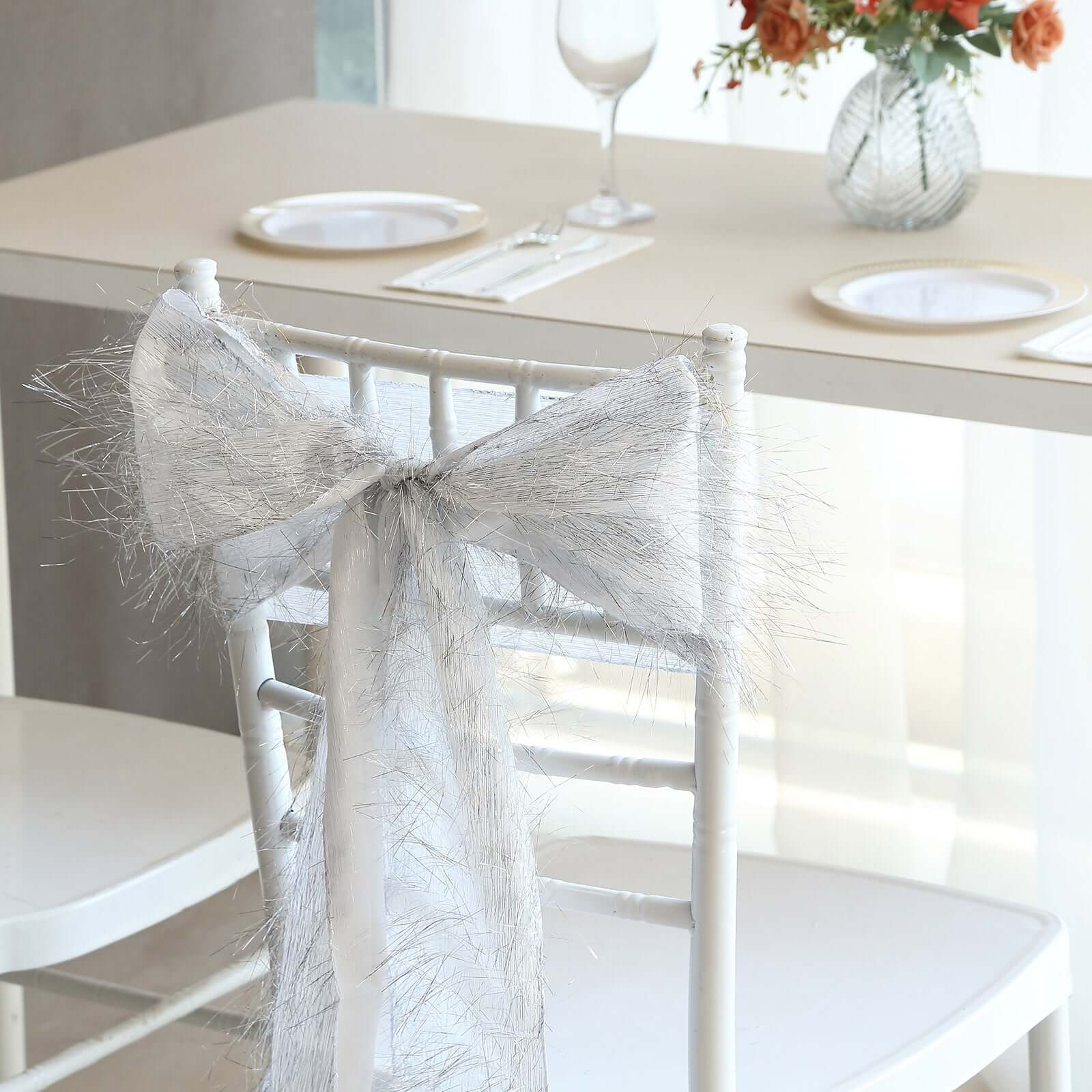 5 Pack Polyester Chair Sashes Silver Metallic Tinsel Fringe - Easy to Use Chair Bows 6"x108"