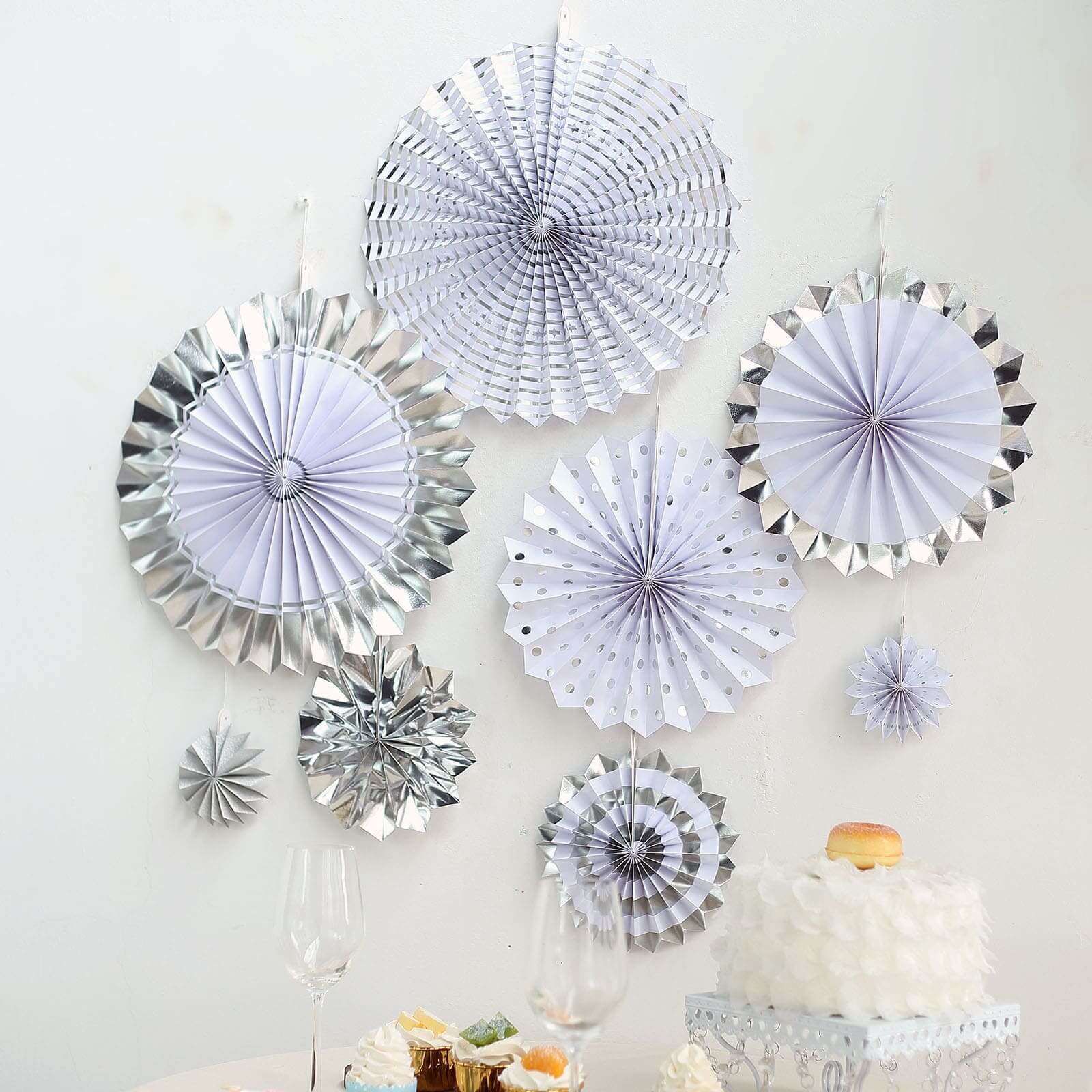 Set of 8 Silver White Hanging Paper Fan Decorations, Pinwheel Wall Backdrop Party Kit - 4", 8", 12", 16"