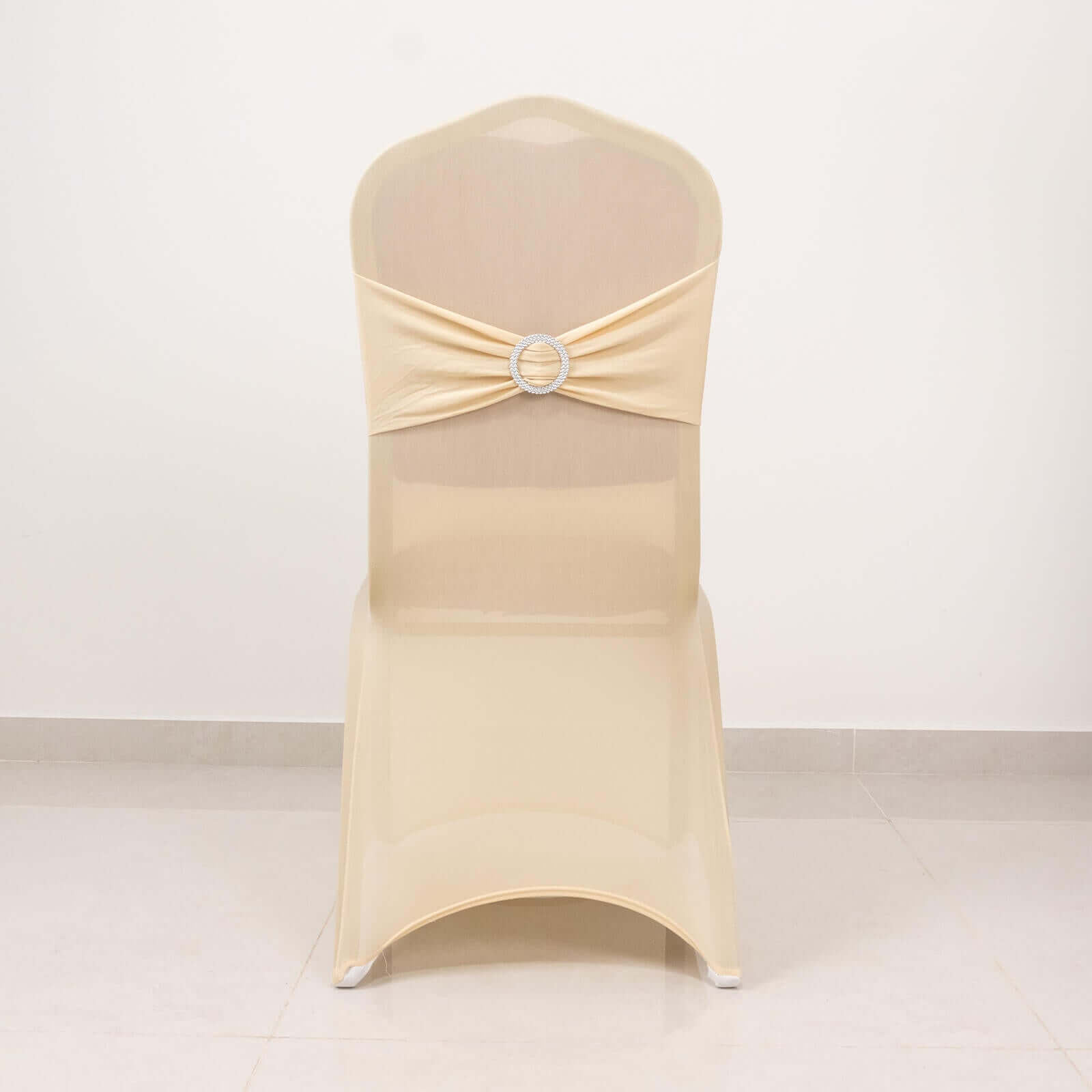 Spandex Chair Cover with Beige Rhinestone Buckled Sash Band Blush - Stretch Fitted Slipcover
