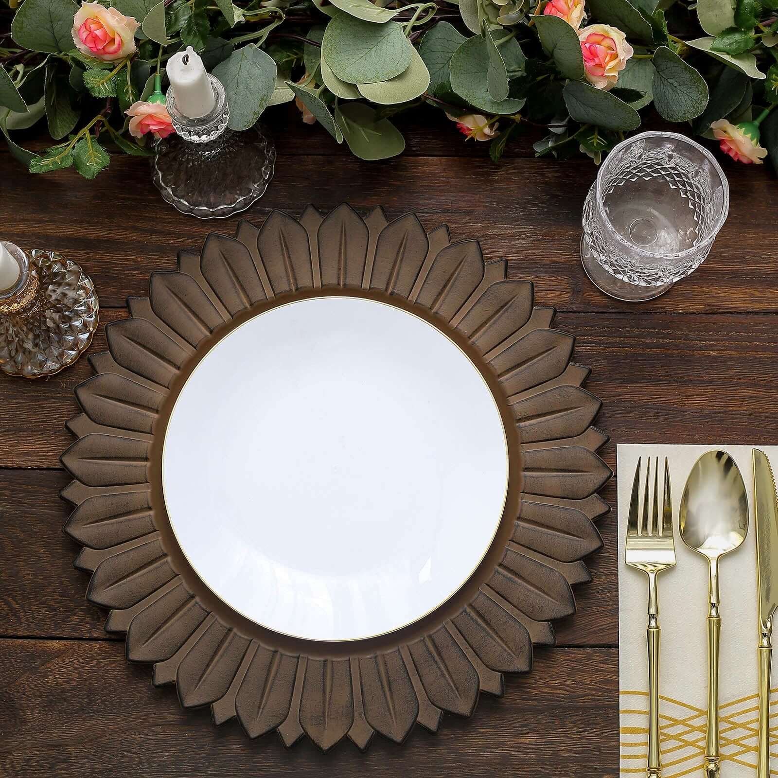 6-Pack Plastic Round Charger Plates 13" in Natural with Sunflower Rim, Matte Finish Disposable Dinner Charger Tableware