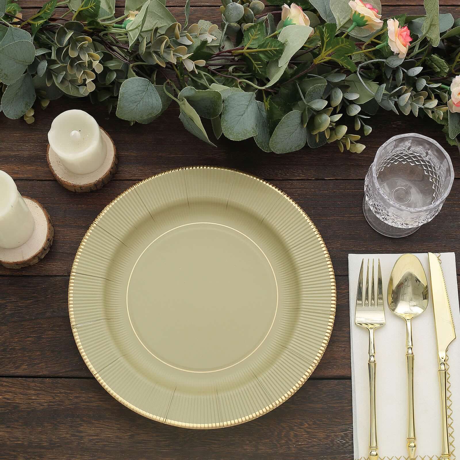 25-Pack Paper 10" Round Dinner Plates in Khaki Sunray Design with Gold Rim - Disposable Heavy Duty 350GSM Party Plates