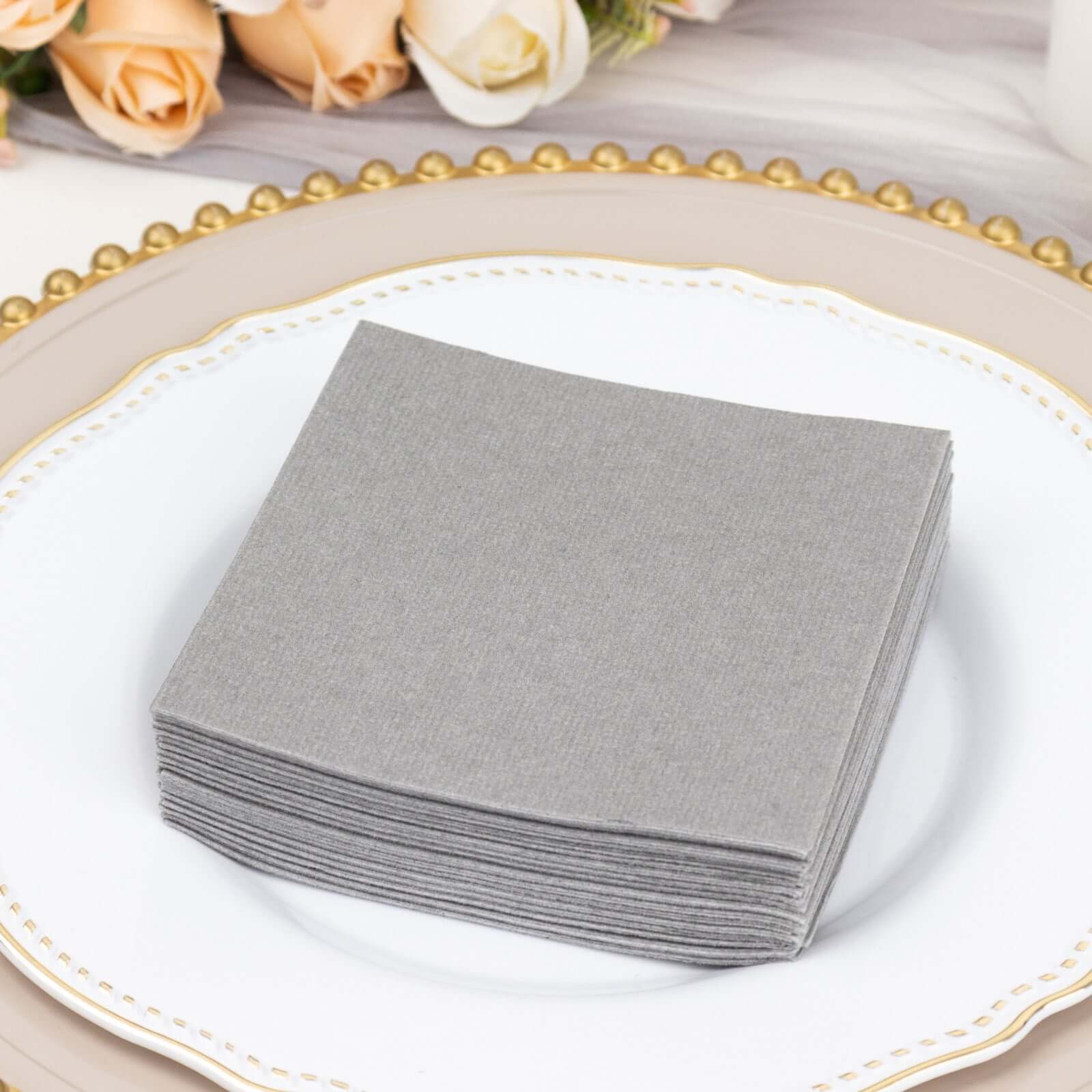 20-Pack Paper Linen-Like Cocktail Napkins Silver - Disposable 5"x5" Airlaid Soft Napkins