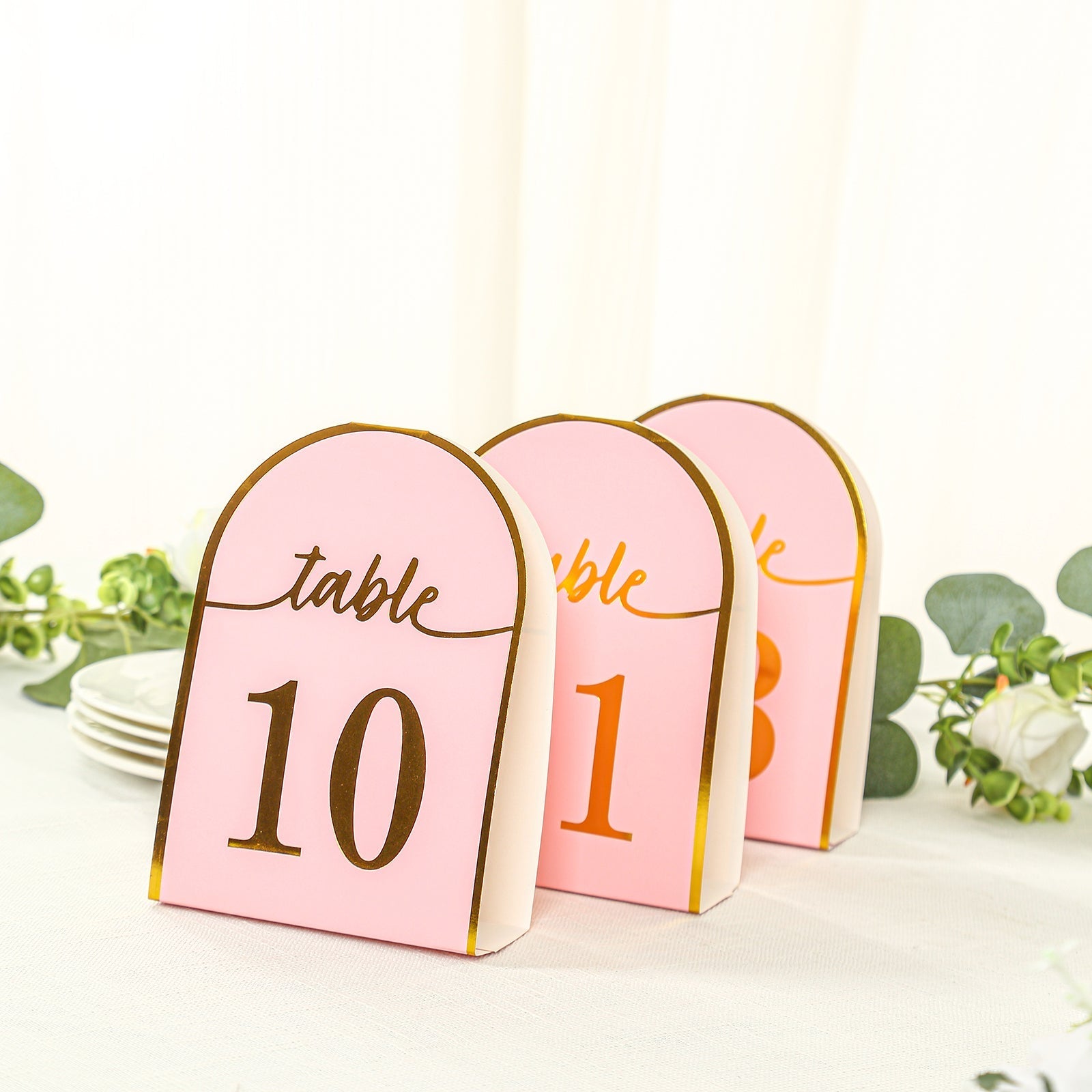 25-Pack Paper Wedding Table Numbers 1-25 Blush Arch Cutout Design - Sleek & Modern Free Standing Double Sided Table Tent Cards with Metallic Gold Foil Numbers 7"