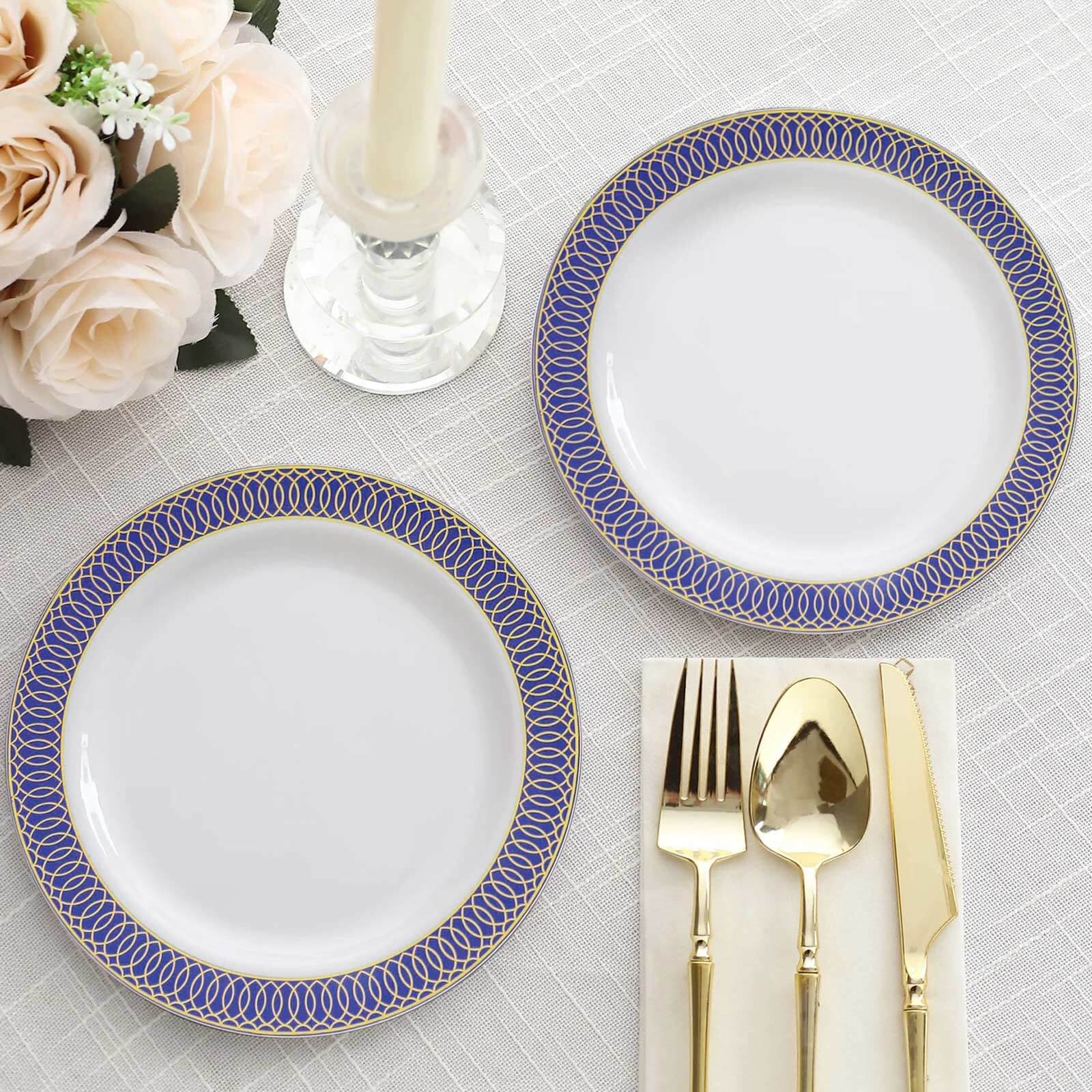 10-Pack Plastic Round Dessert Plates 7" White with Navy Blue Gold Spiral Rim - Disposable Salad Plates