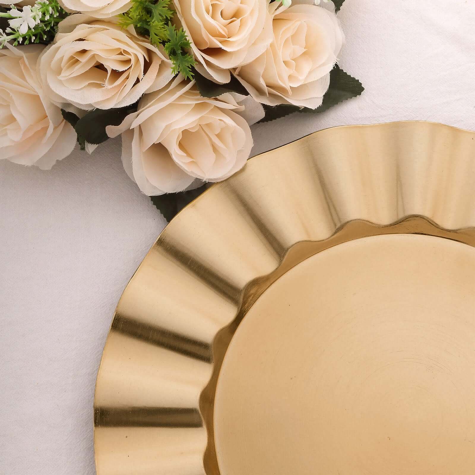 6-Pack Acrylic Plastic Round Charger Plates 13" in Gold with Wavy Scalloped Rim, Decorative Dinner Party Charger Tableware