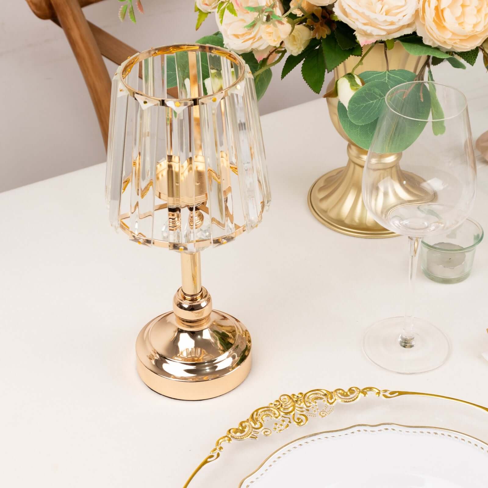 2-Pack 11" Crystal Pendant Candle Holders - Classic Empire Lamp Shade Style in Gold, Votive Candle Stand For Table Centerpieces