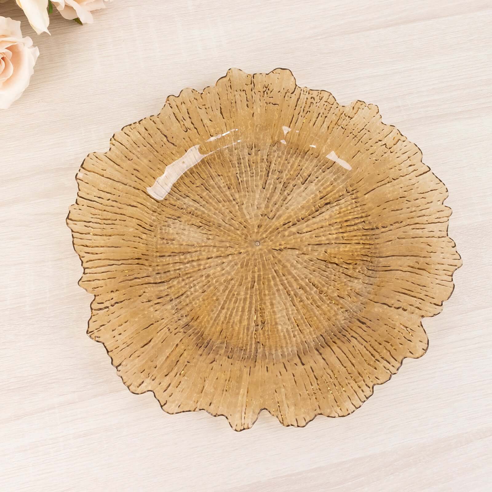 6-Pack Acrylic Plastic Round Charger Plates 13" in Amber Gold with Reef Design, Dinner Charger Tableware