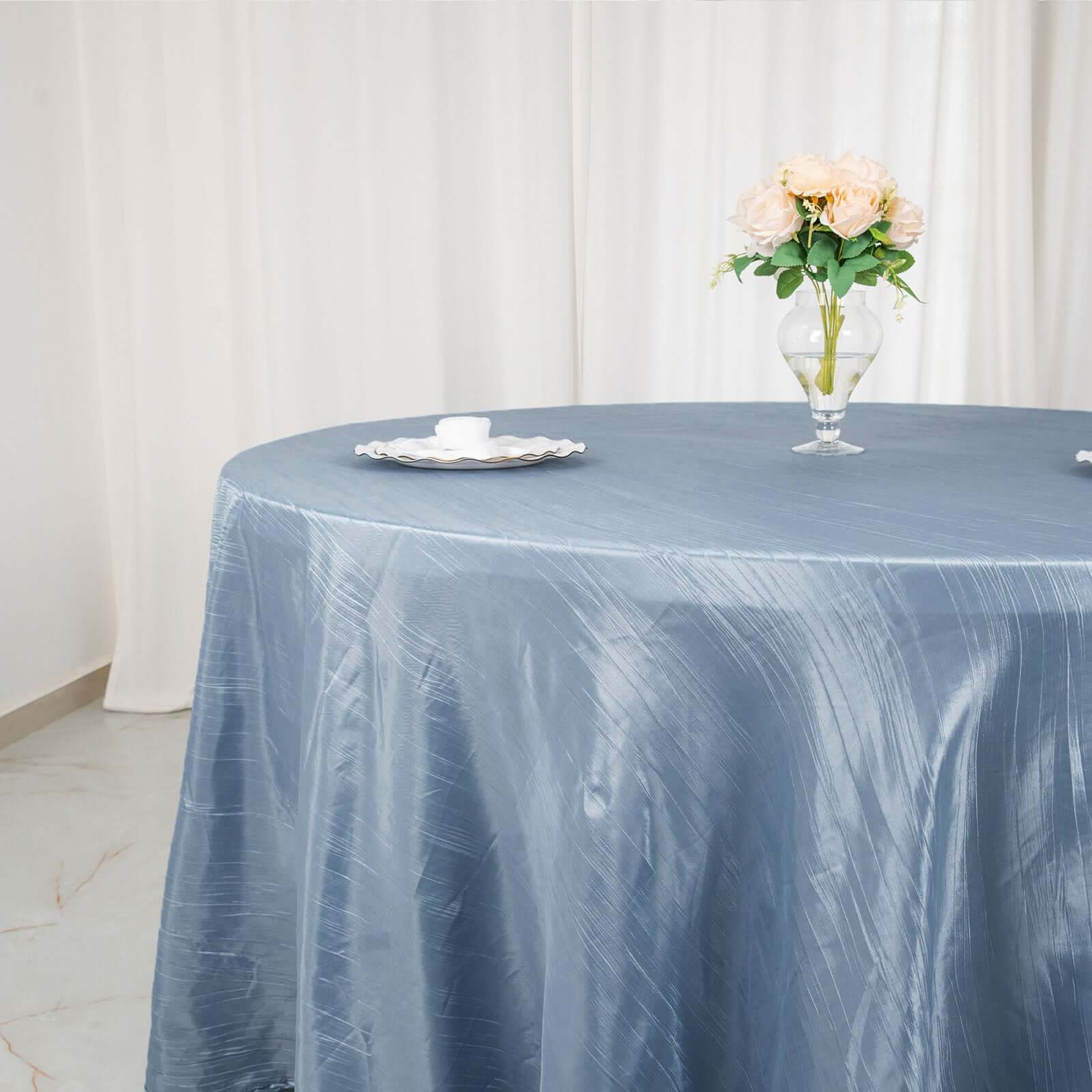 Taffeta 120" Round Tablecloth Dusty Blue - Seamless Accordion Crinkle Table Cover