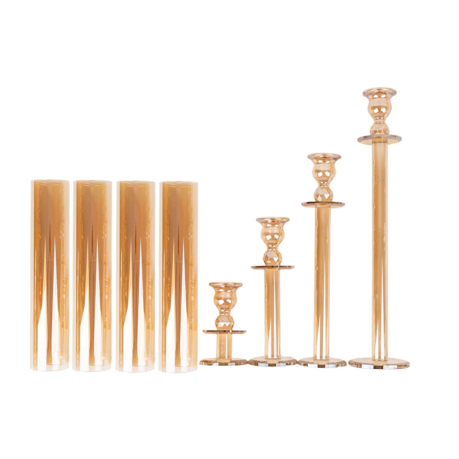 Set of 4 Crystal Glass Hurricane Taper Candle Holders, Decorative Tall Candle Stands Gold Cylinder Chimney Tubes 14", 18", 22", 26"