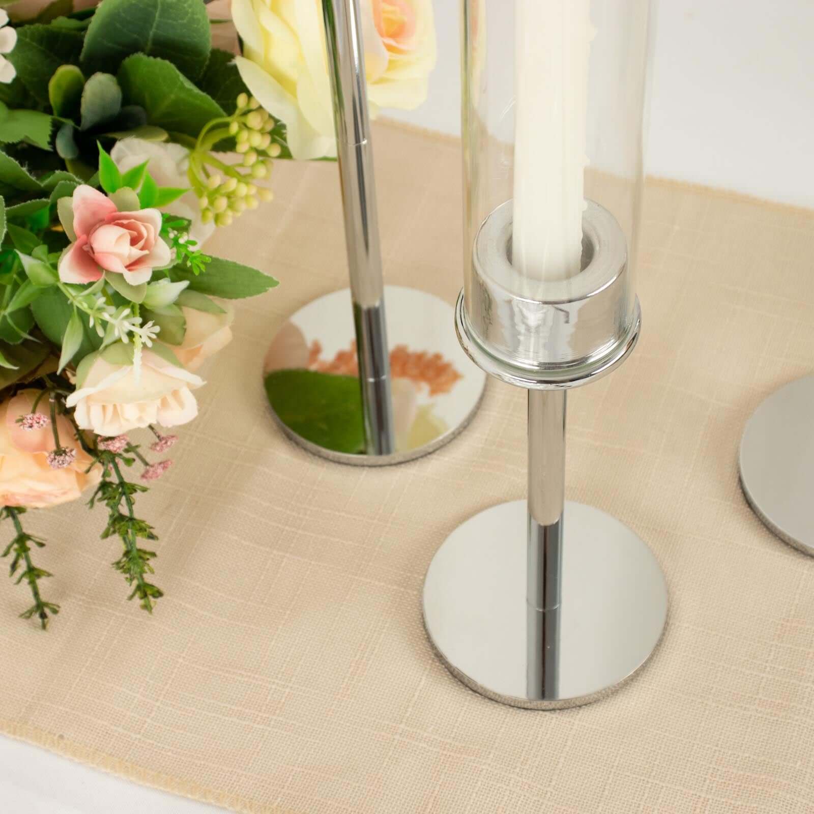 Set of 3 Tall Silver Metal Taper Candlestick Holders, Clear Glass Hurricane Candle Stands With Chimney Candle Shades 16", 20", 24"