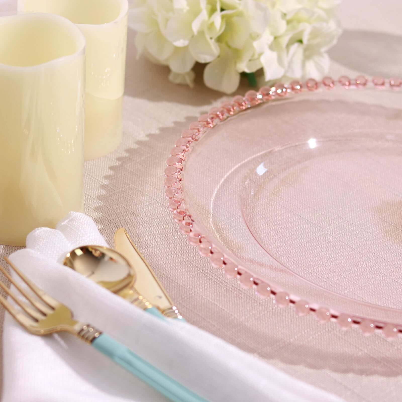 6-Pack Acrylic Round Charger Plates 13" in Transparent Blush with Beaded Rim, Decorative Dinner Party Serving Plates