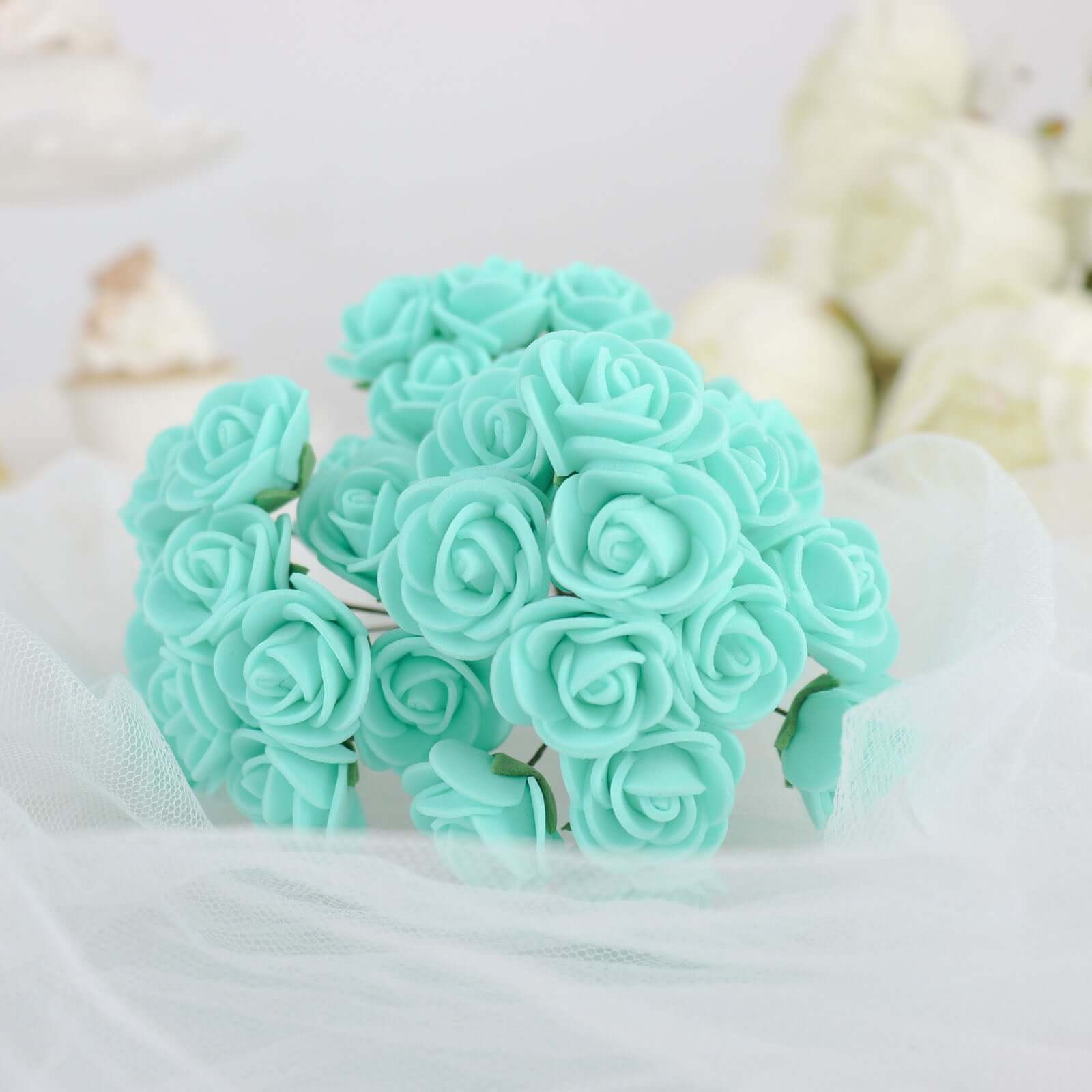 48 Roses 1" Turquoise Real Touch Artificial DIY Foam Rose Flowers With Stem, Craft Rose Buds