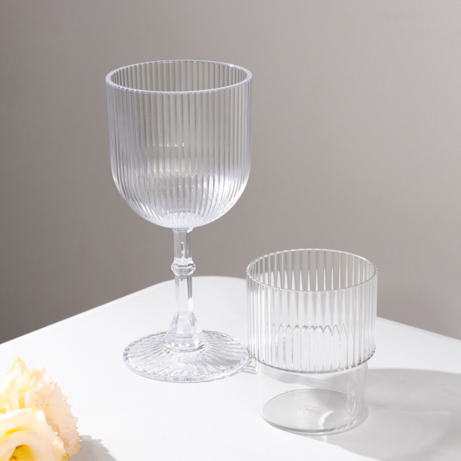 12-Pack Plastic Goblets Clear Vintage Ribbed Pattern - Reusable Shatterproof Glassware 9oz