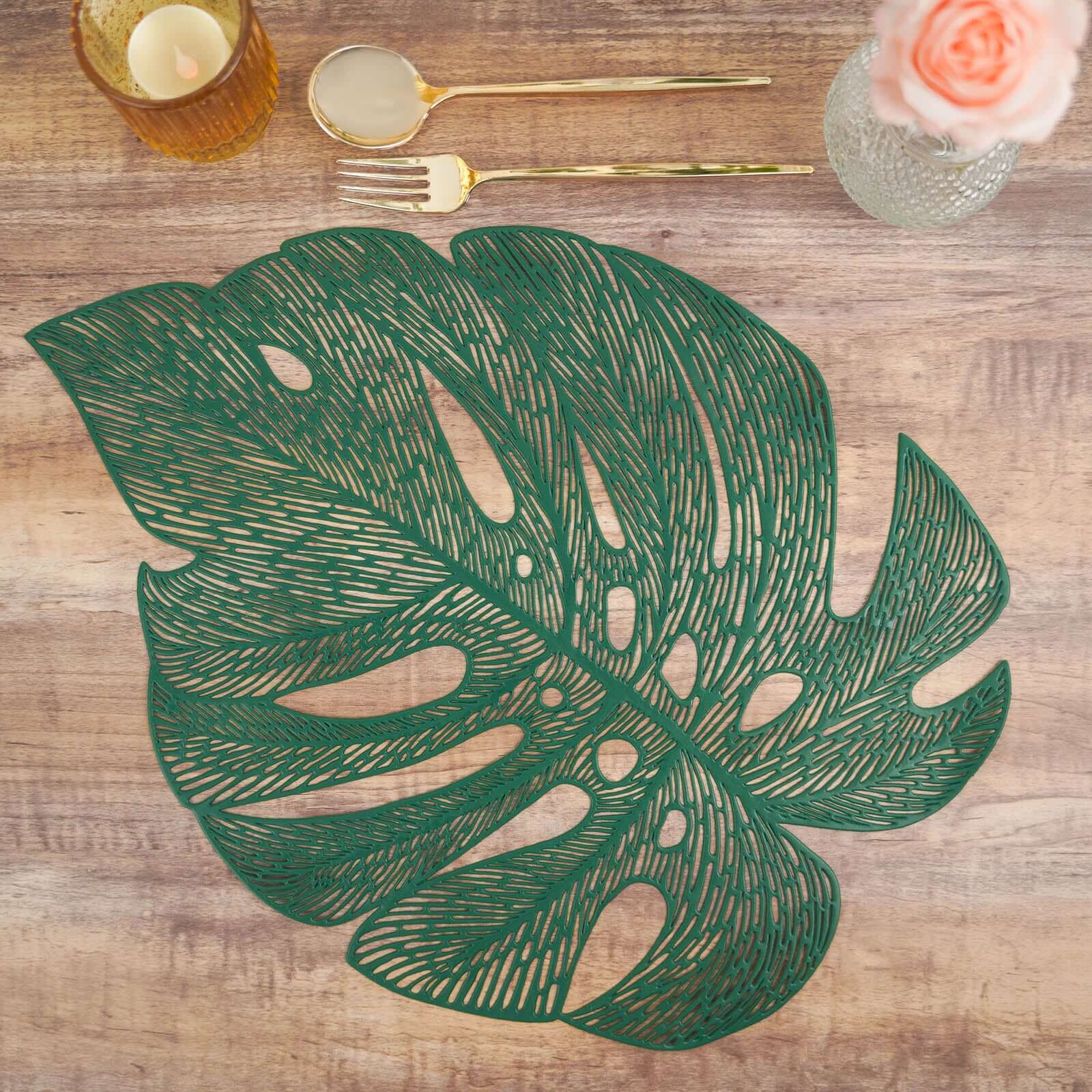 6-Pack Dining Table Mats Monstera Leaf Design Green - Vinyl Non-Slip Surface for Tropical Themes 18"