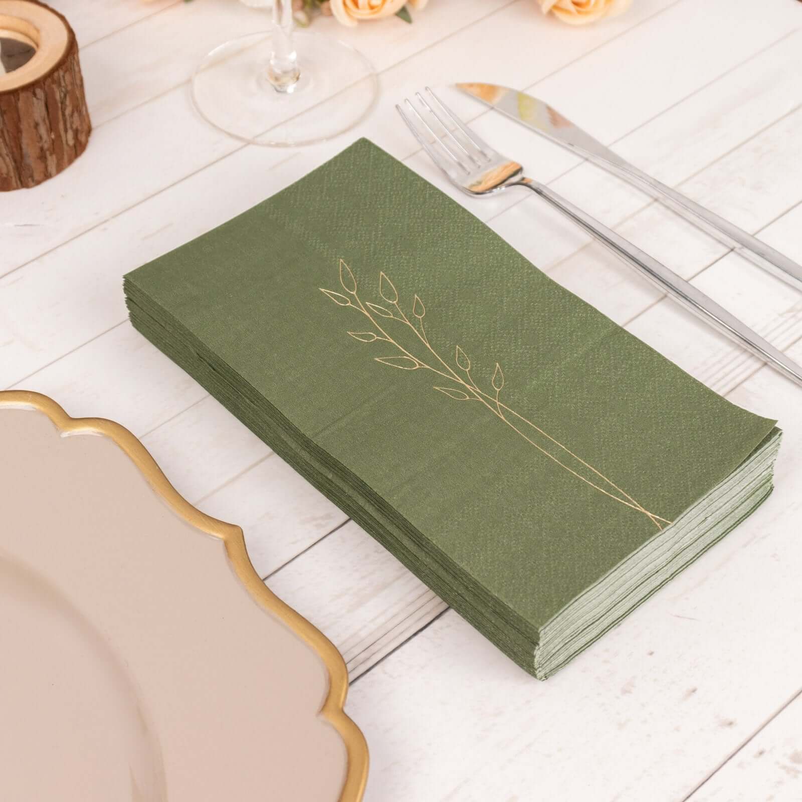 50-Pack Paper Dinner Napkins Olive Green with Gold Embossed Leaf - Stylish 2-Ply Disposable Napkins for Weddings 18GSM