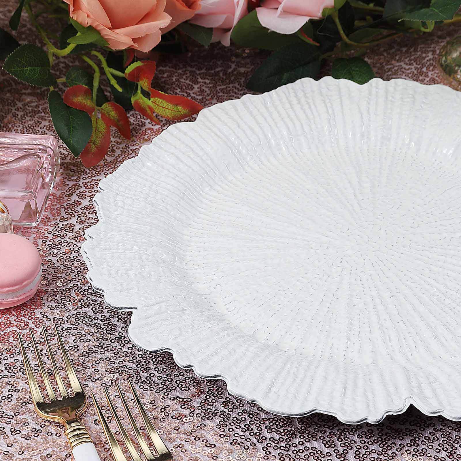 6-Pack Acrylic Plastic Round Charger Plates 13" in White with Reef Design, Classy Dinner Party Charger Tableware