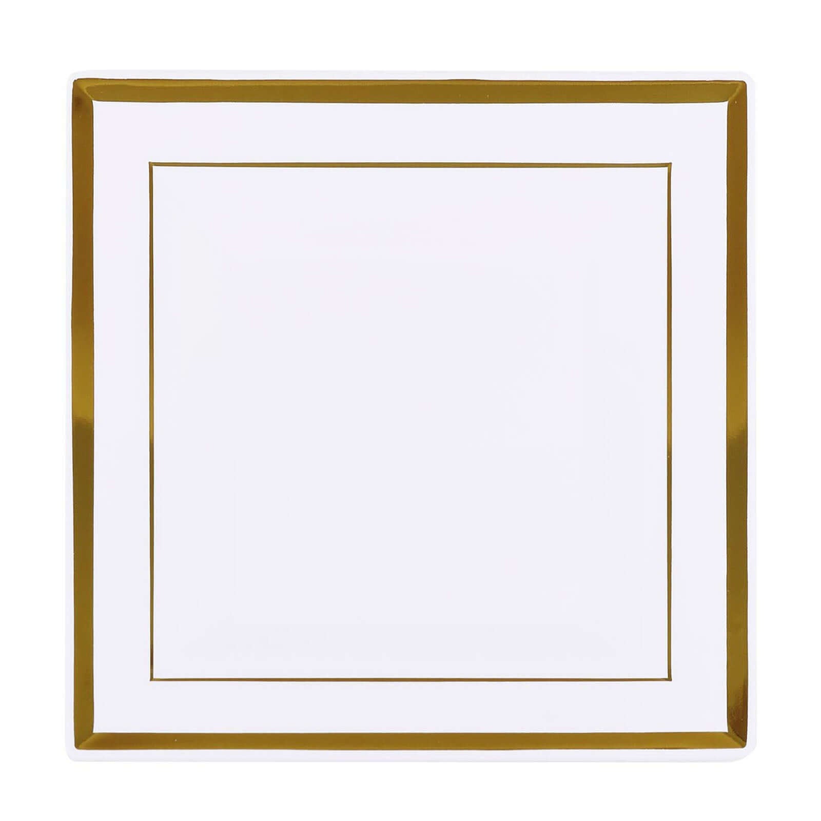 10-Pack Plastic Salad Dessert Plates White Square with Gold Trim - Durable Disposable Appetizer Plates 7"
