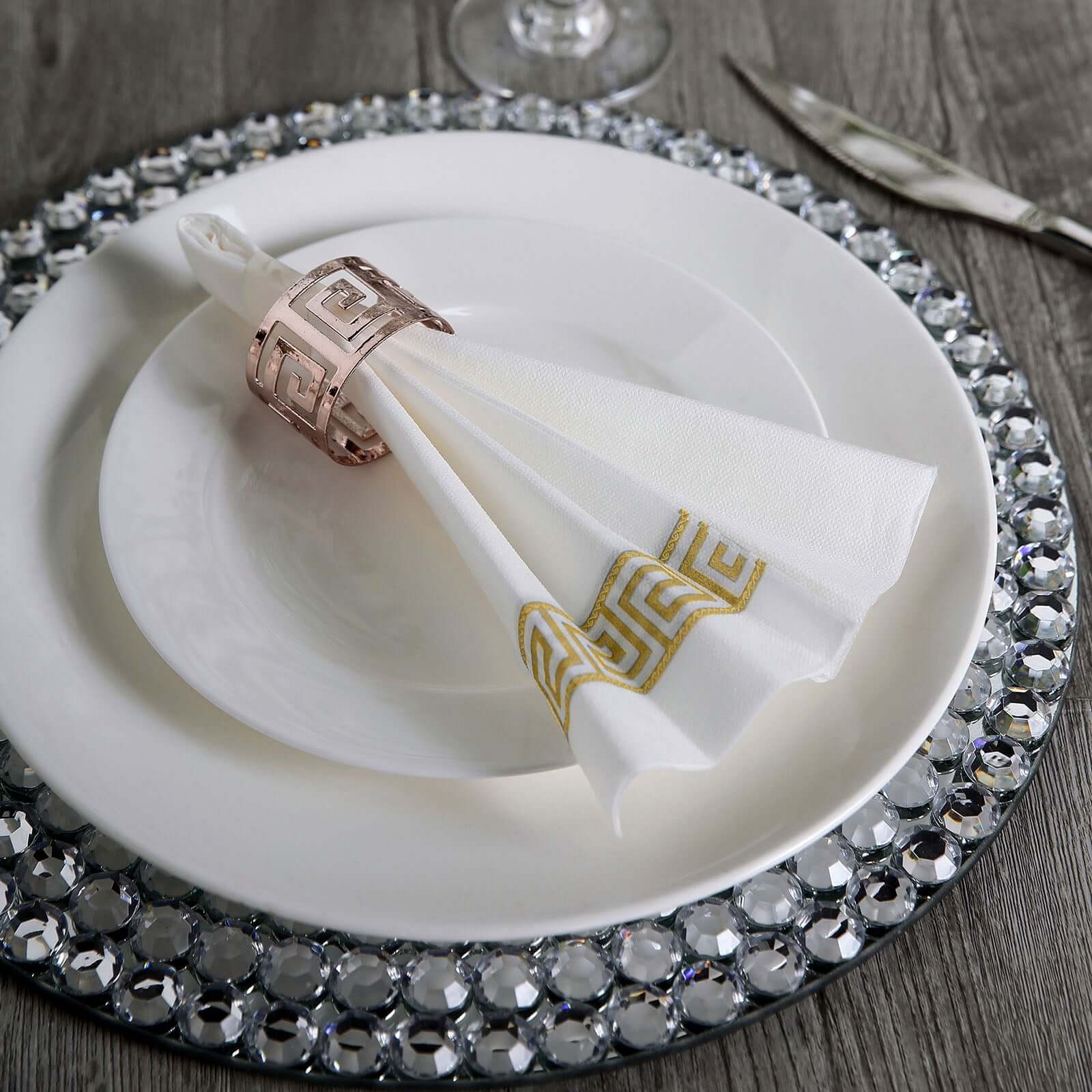 25 Pack Linen-Like Paper 8"x4" Napkins White with Gold Greek Key Design - Soft & Absorbent Airlaid Hand Towels for Exquisite Weddings & Events