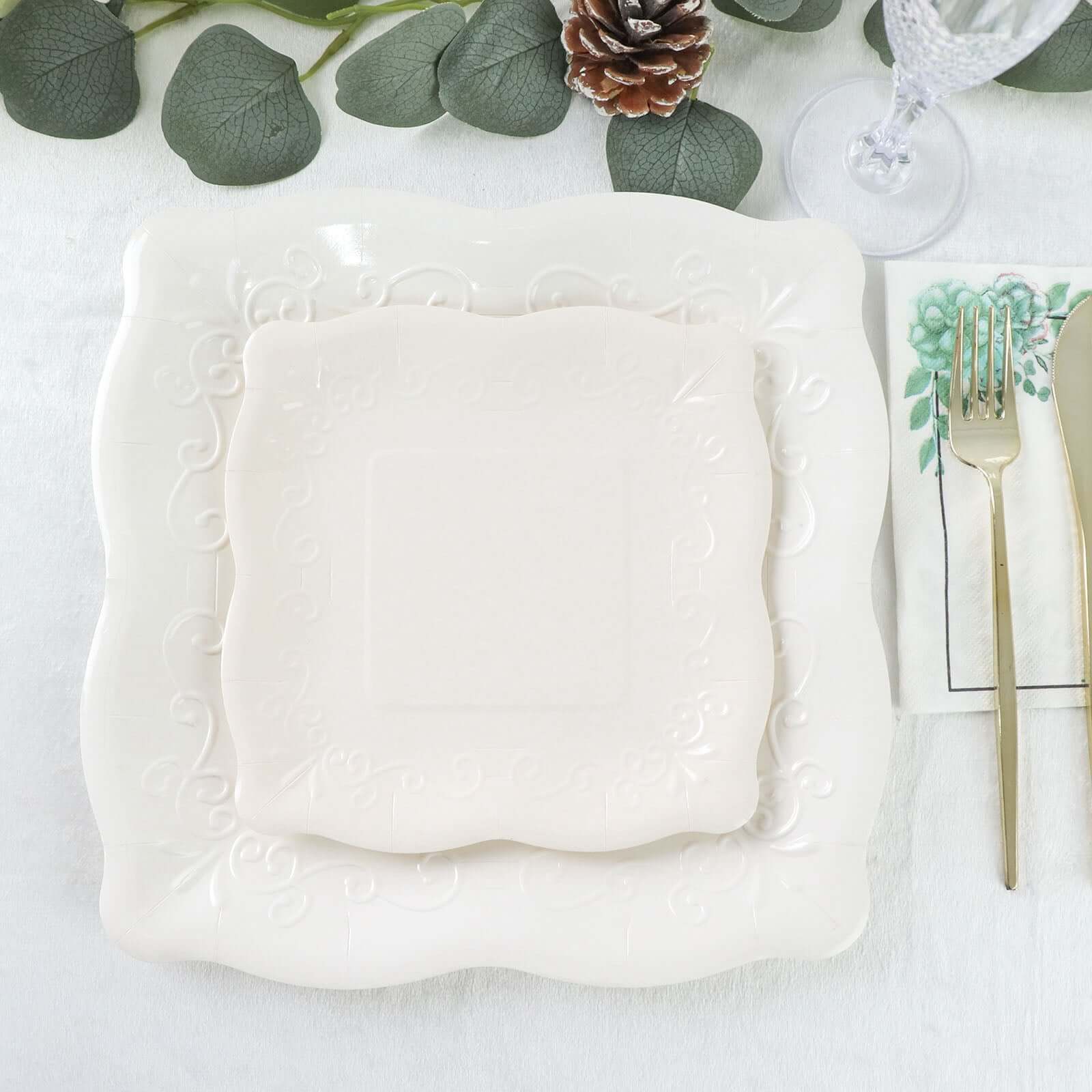 25-Pack Paper 7" Square Dessert Plates in White with Vintage Pottery Embossed Design - Shiny Disposable Appetizer Plates