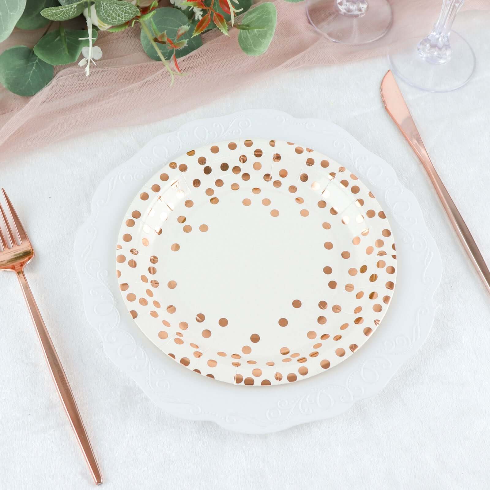 25 Pack 7" White Rose Gold Polka Dot Dessert Appetizer Paper Plates, Disposable Salad Party Plates - 300 GSM