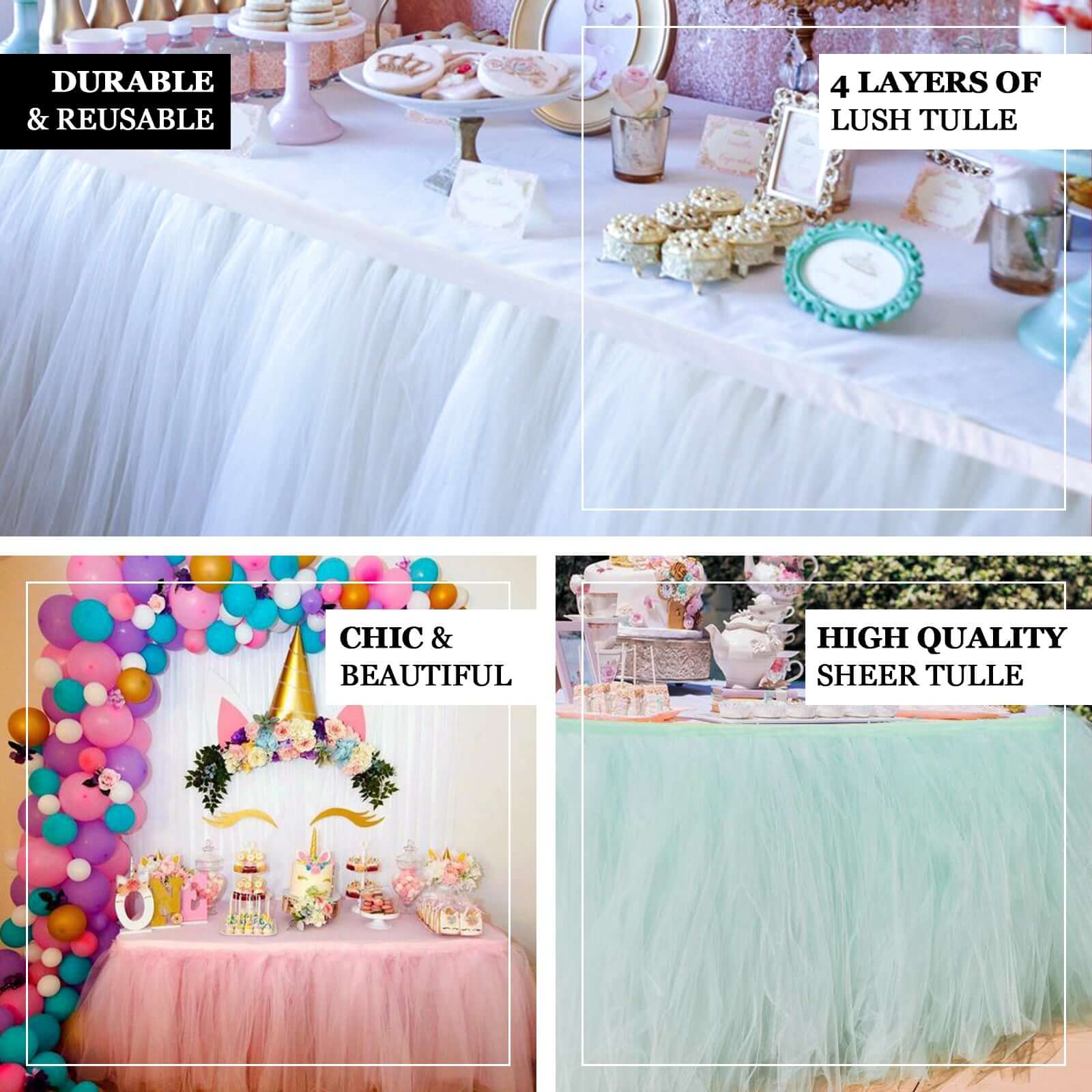 Tulle 14ft Table Skirt White - 4 Layer Pleated Tutu Chic & Soft Event Table Cover
