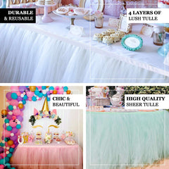 Tulle 14ft Table Skirt White - 4 Layer Pleated Tutu Chic & Soft Event Table Cover