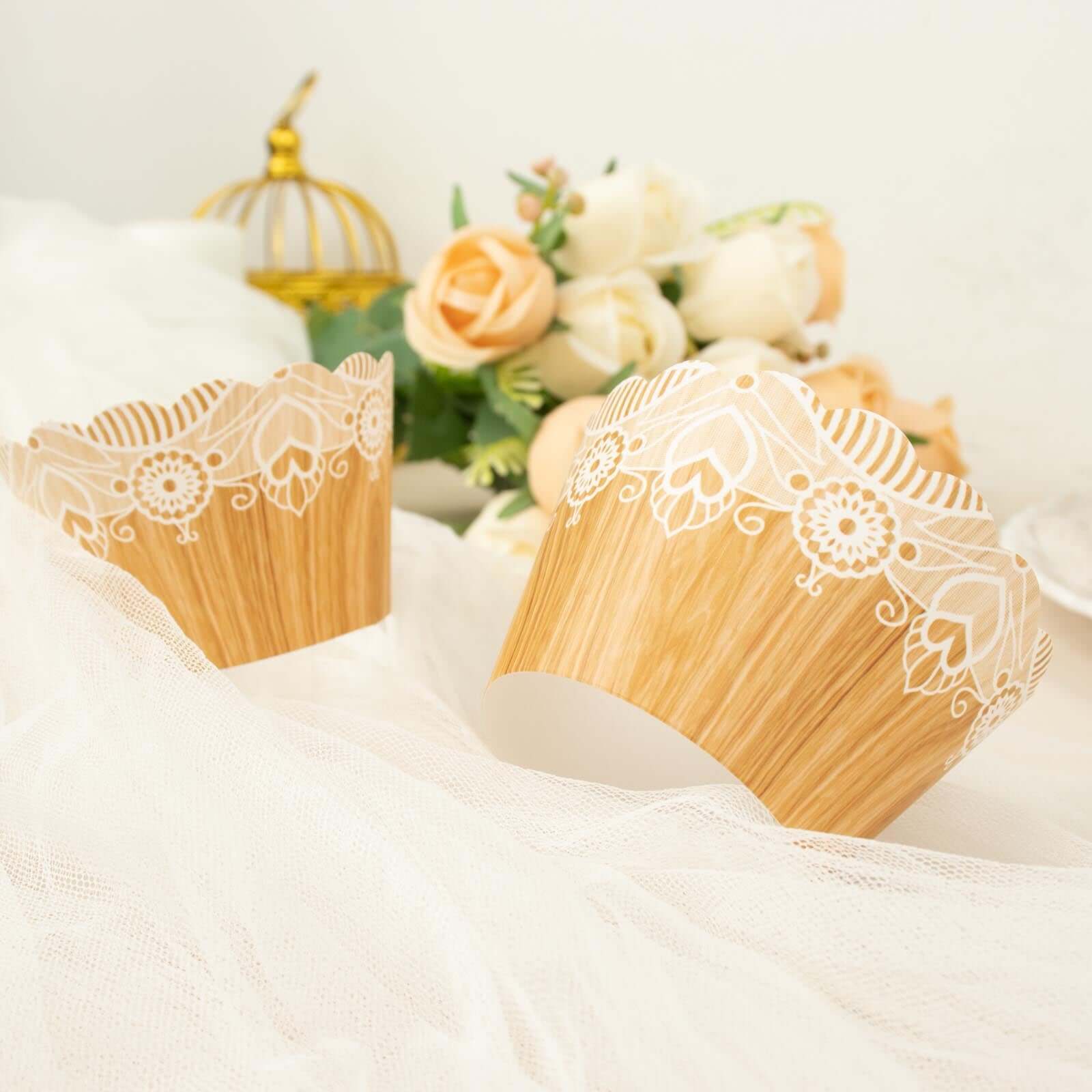 25-Pack Paper Cupcake Wrappers Wood Grain and Lace Print Design Natural - Boho Muffin Baking Cup Wraps