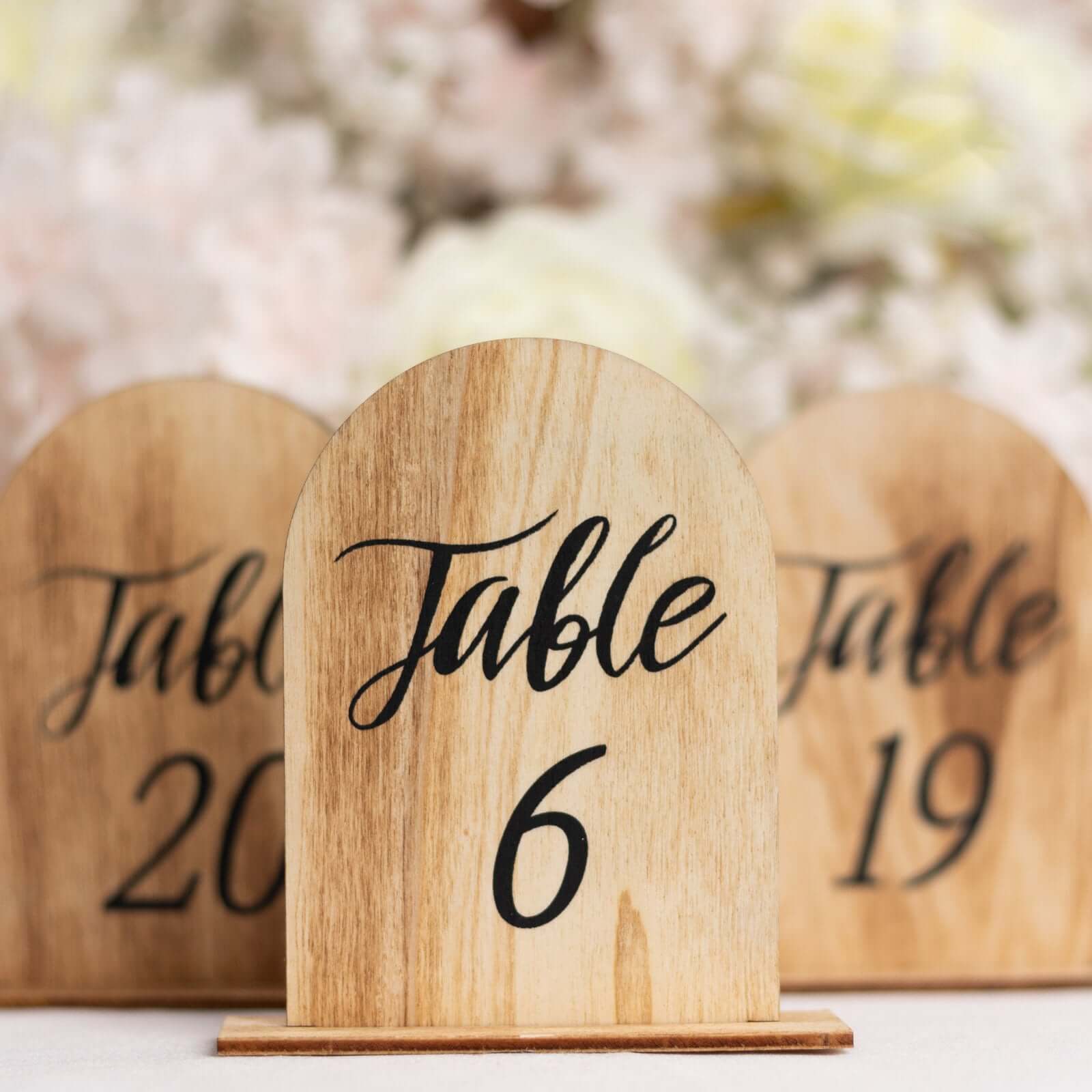20-Pack Natural Wooden Table Numbers 1-20 Rustic Arch Design with Removable Base - Ideal for Banquets and Receptions 4.5"