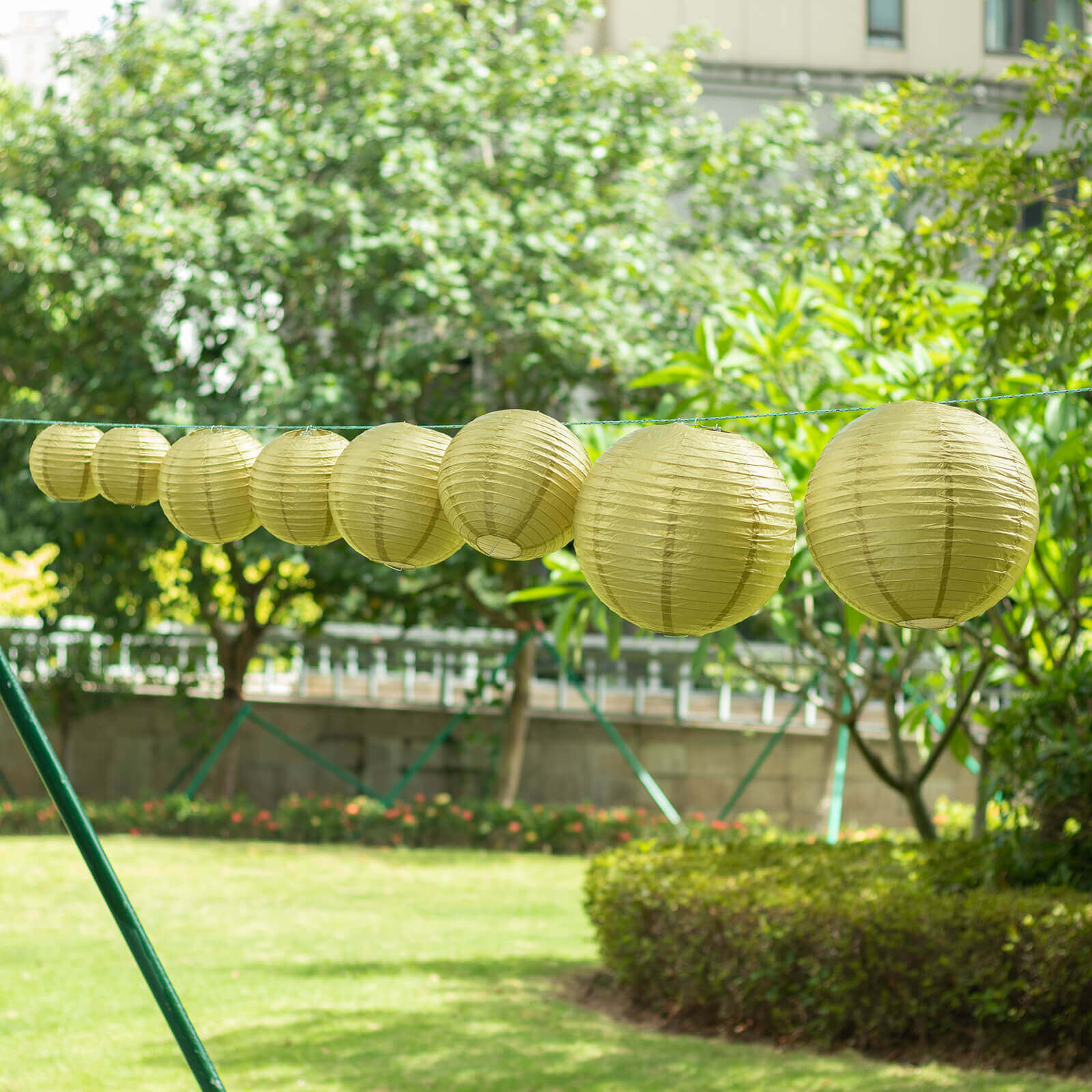 Set of 8 Gold Hanging Paper Lanterns, Decorative Round Chinese Sky Lanterns, Assorted Sizes  - 6",8",10",14"
