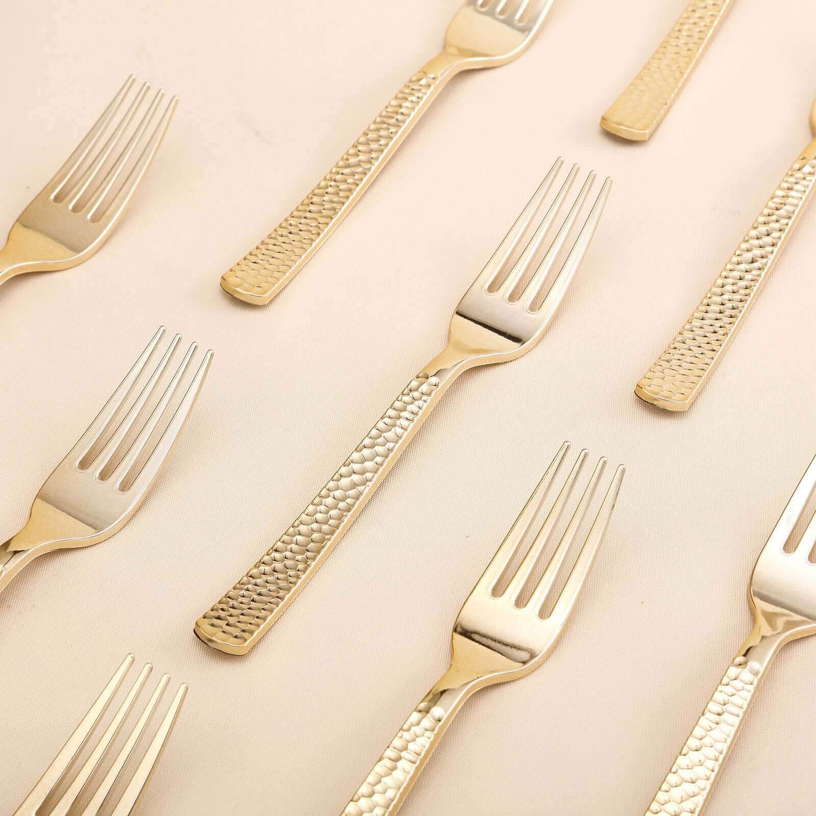 24-Pack Plastic Forks with Hammered Style Gold - Heavy Duty Disposable Silverware 7"