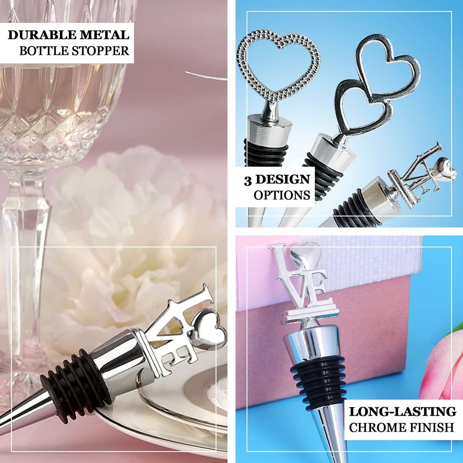 4" Silver Metal Love Wine Bottle Stopper Wedding Party Favors With Velvet Gift Box