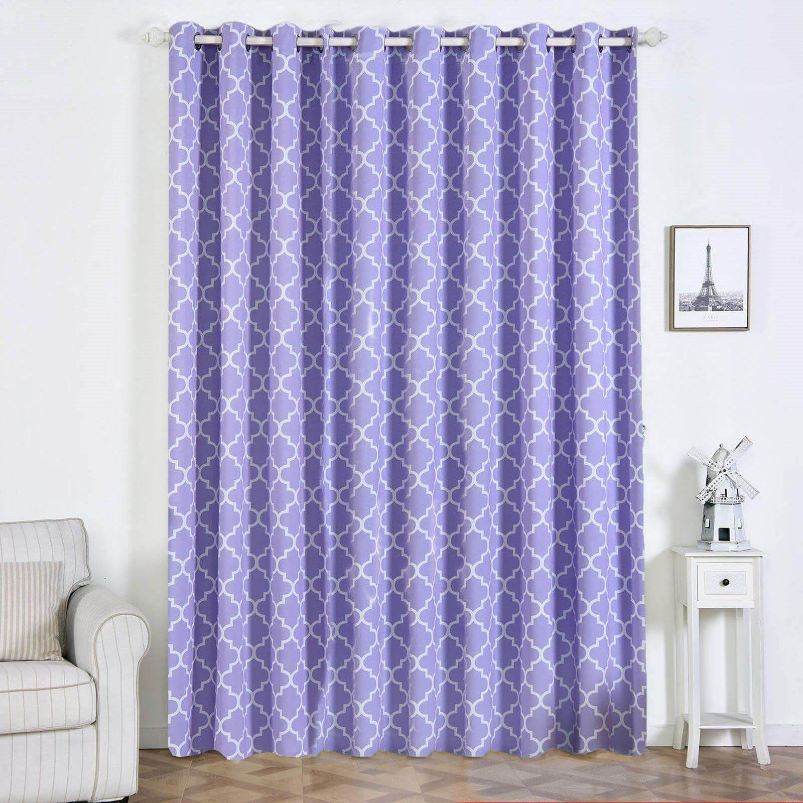 2 Pack White Lavender Lilac Lattice Print Thermal Blackout Curtains With Chrome Grommet Window Treatment Panels - 52"x108" Clearance SALE