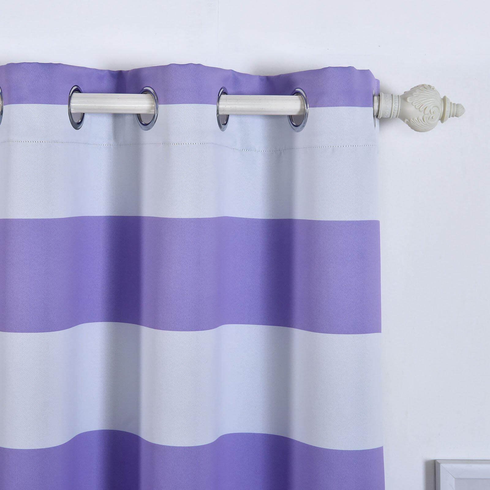 2 Pack White Lavender Lilac Cabana Stripe Thermal Blackout Curtains With Chrome Grommet Window Treatment Panels - 52"x96"