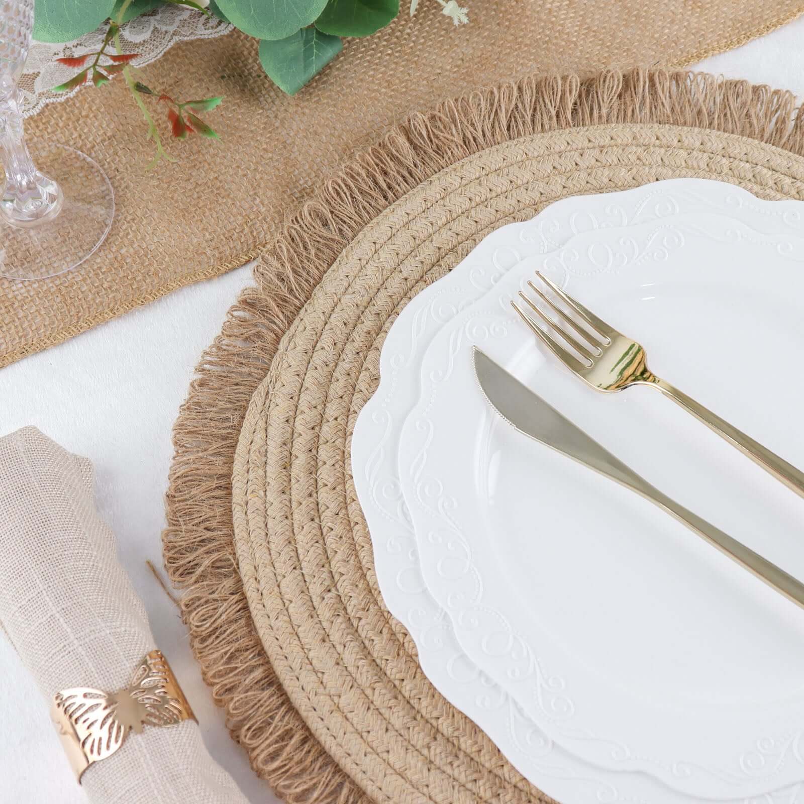 4-Pack Placemats Fringed Edge Design Natural Rustic Burlap Jute Round - Farmhouse Style Table Mats with Trim 15"