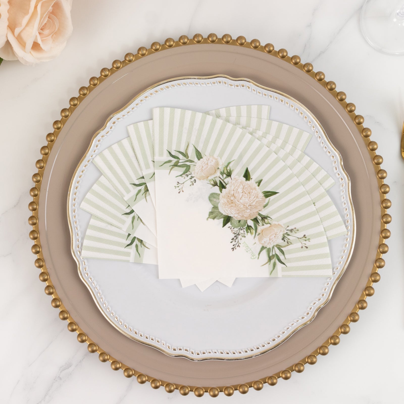 25-Pack Round Paper Cocktail Napkins with Floral Lined Pattern White/Sage Green - Disposable 2 Ply Beverage Napkins 12"