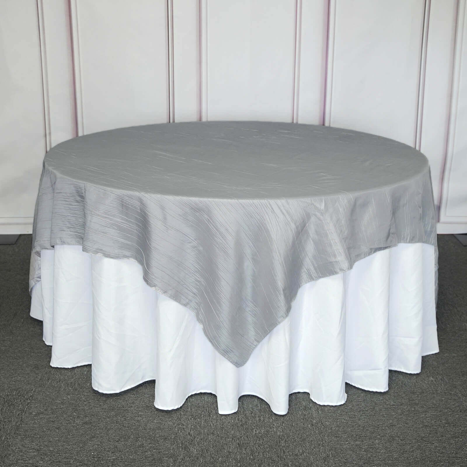 Taffeta 90"x90" Table Overlay Square Tablecloth Silver - Accordion Crinkle Table Cover